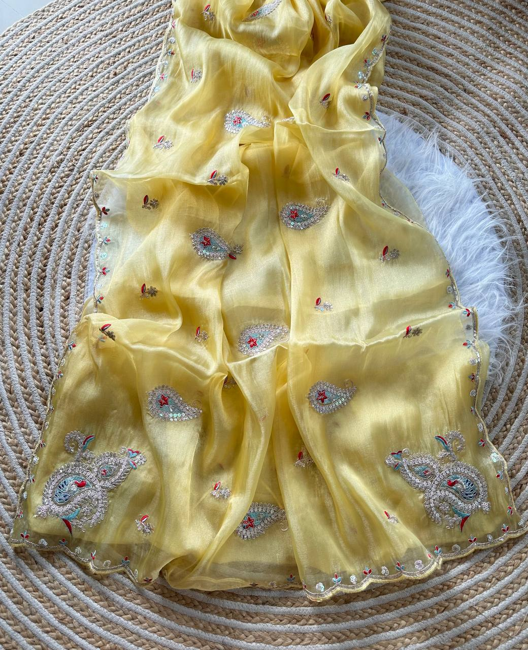 Yellow Super Soft Simmer Tissue Saree with Codding Sequins Embroidery & Peacock Paisley Butta