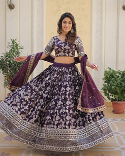 Wine Color Pure Viscose Jacquard Lehenga Choli