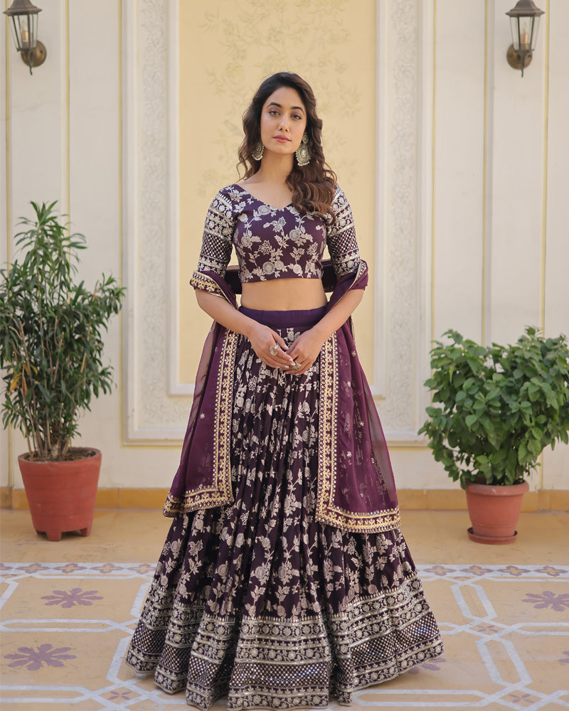 Wine Color Pure Viscose Jacquard Lehenga Choli