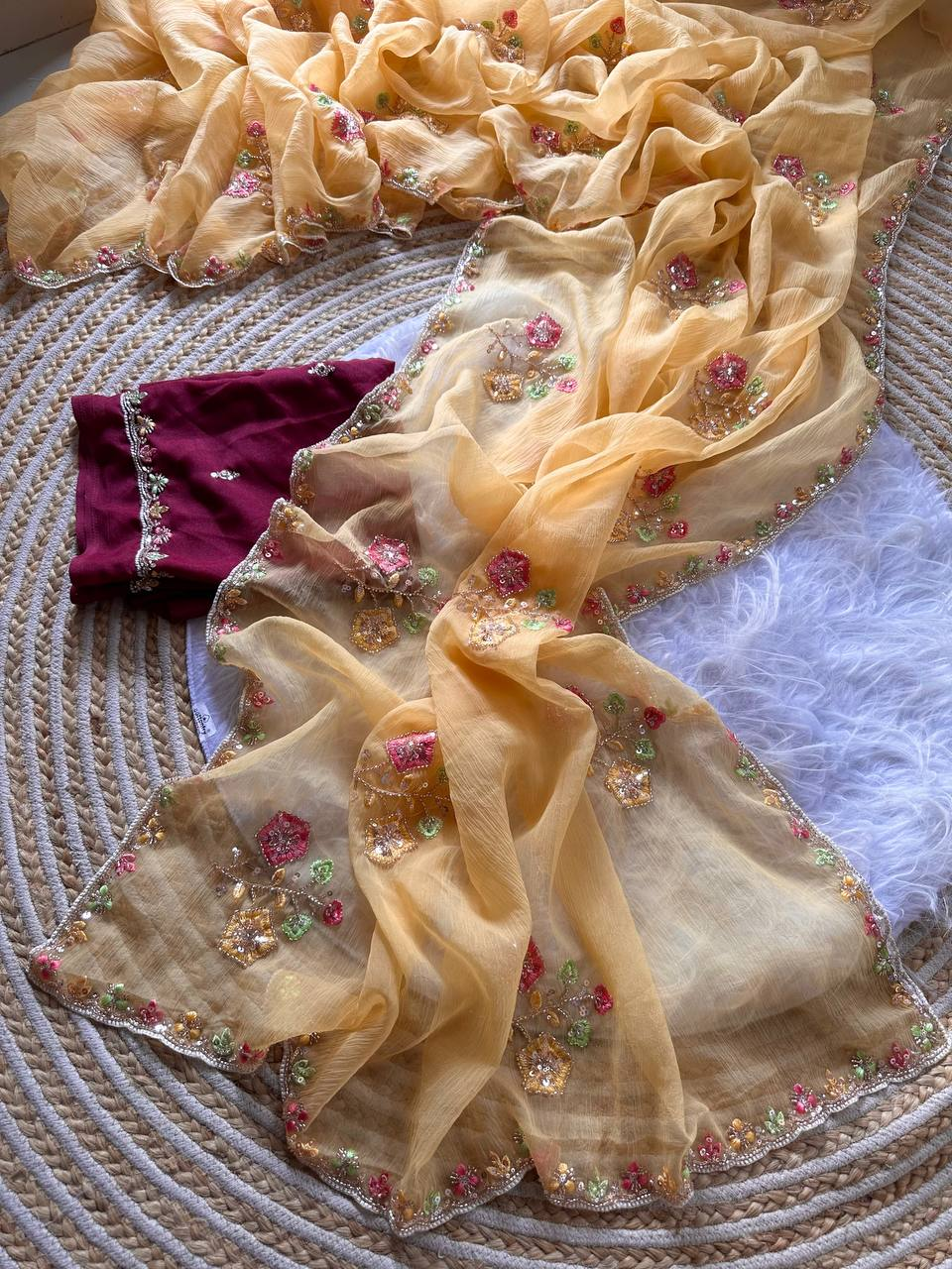 Golden Sand Pure Soft Wari Chiffon Silk Saree with Floral Sequence Cutdana Embroidery & Multi Border Aarco Work