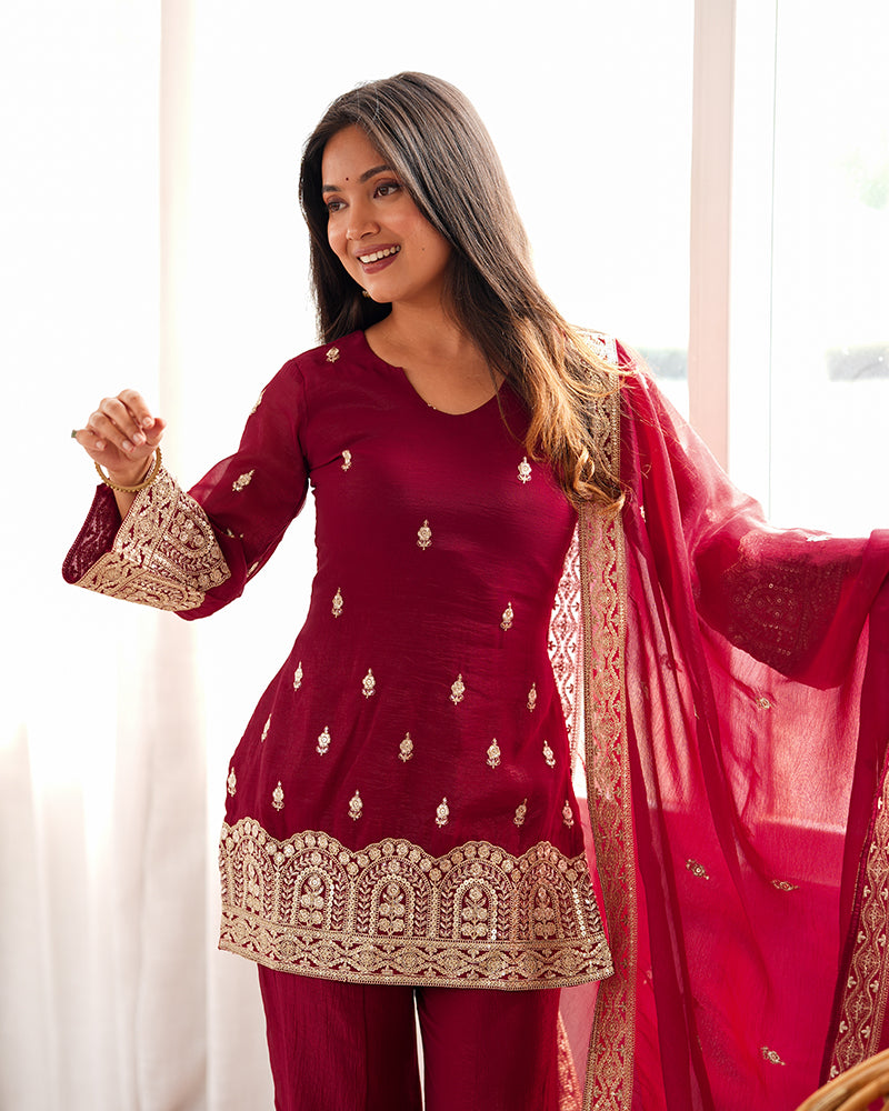 MAROON COLOR CRUNCHY SILK EMBROIDERED PLAZZO SUIT