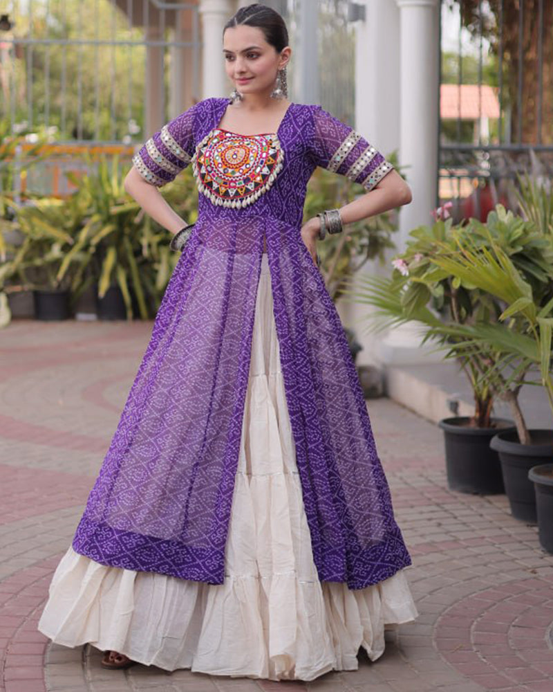 Purple Color Bandhani Printed Kurti With Kora Cotton Lehenga