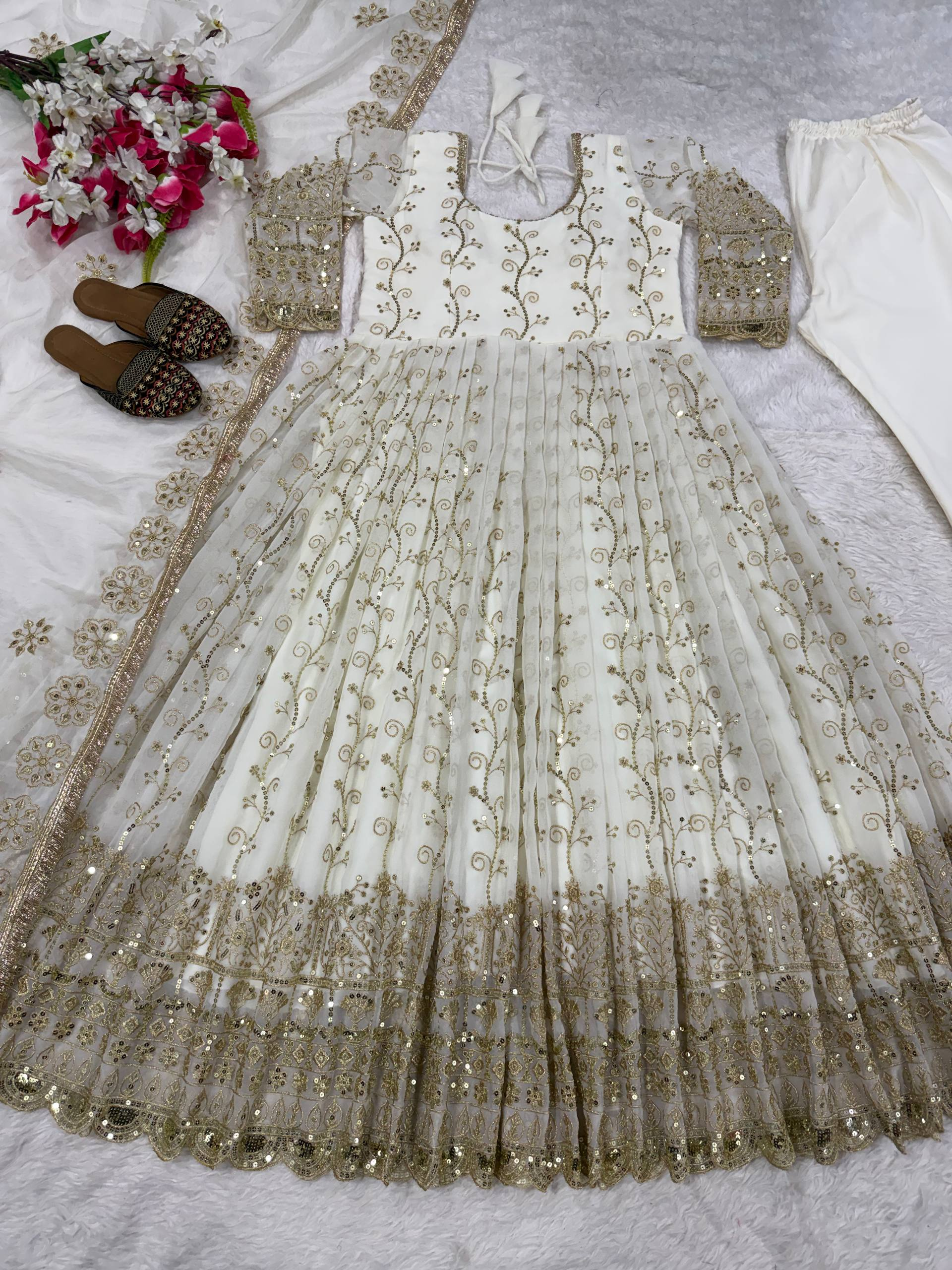 White Sequin Embroidered Anarkali Suit with Dupatta - Product Photo