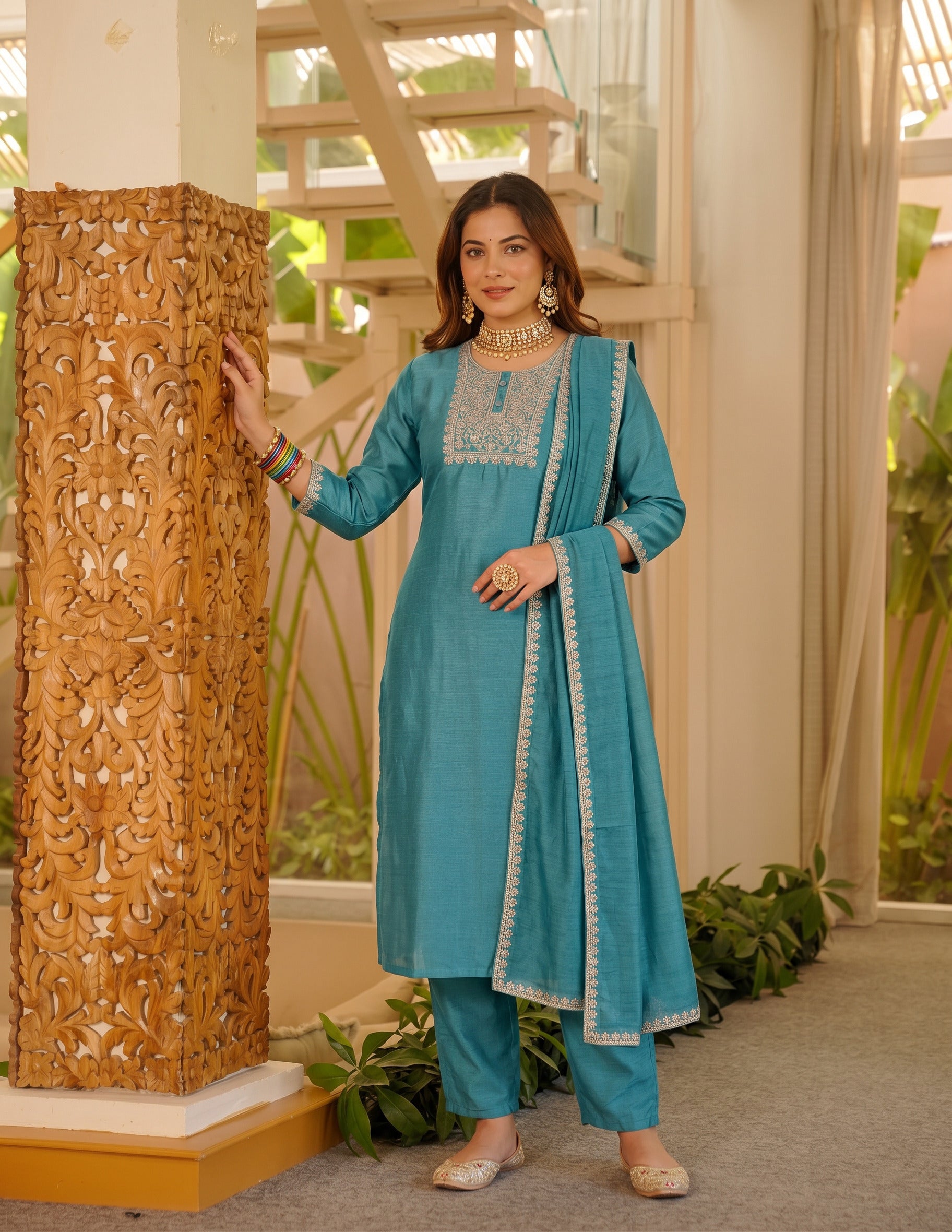Teal Blue Straight Kurta Pant Set with Zari Embroidered Yoke & Dupatta