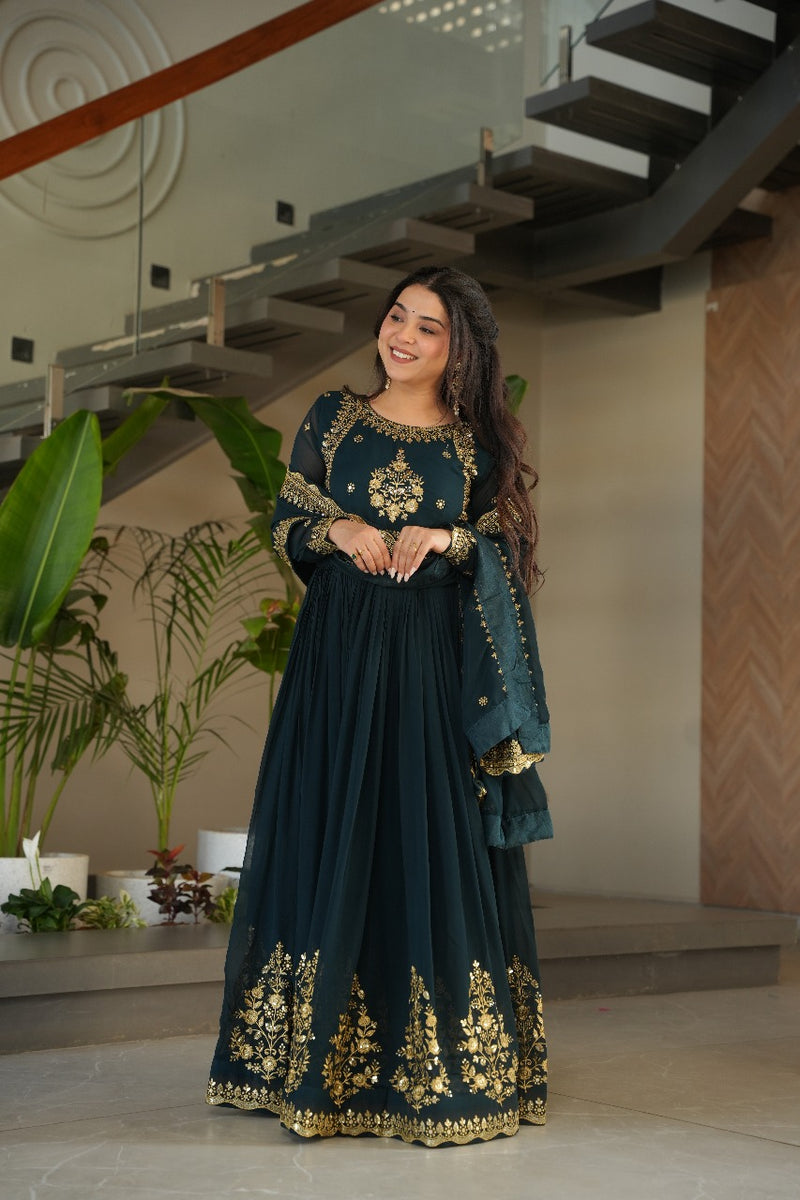 Heavy Designer Gown in Bottle Green Georgette With Sequence Embroidery Work