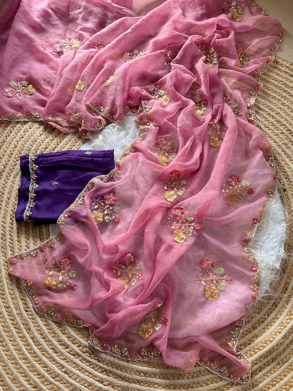 Rose Pink Pure Soft Wari Chiffon Silk Saree with Floral Sequence Cutdana Embroidery & Multi Border Aarco Work