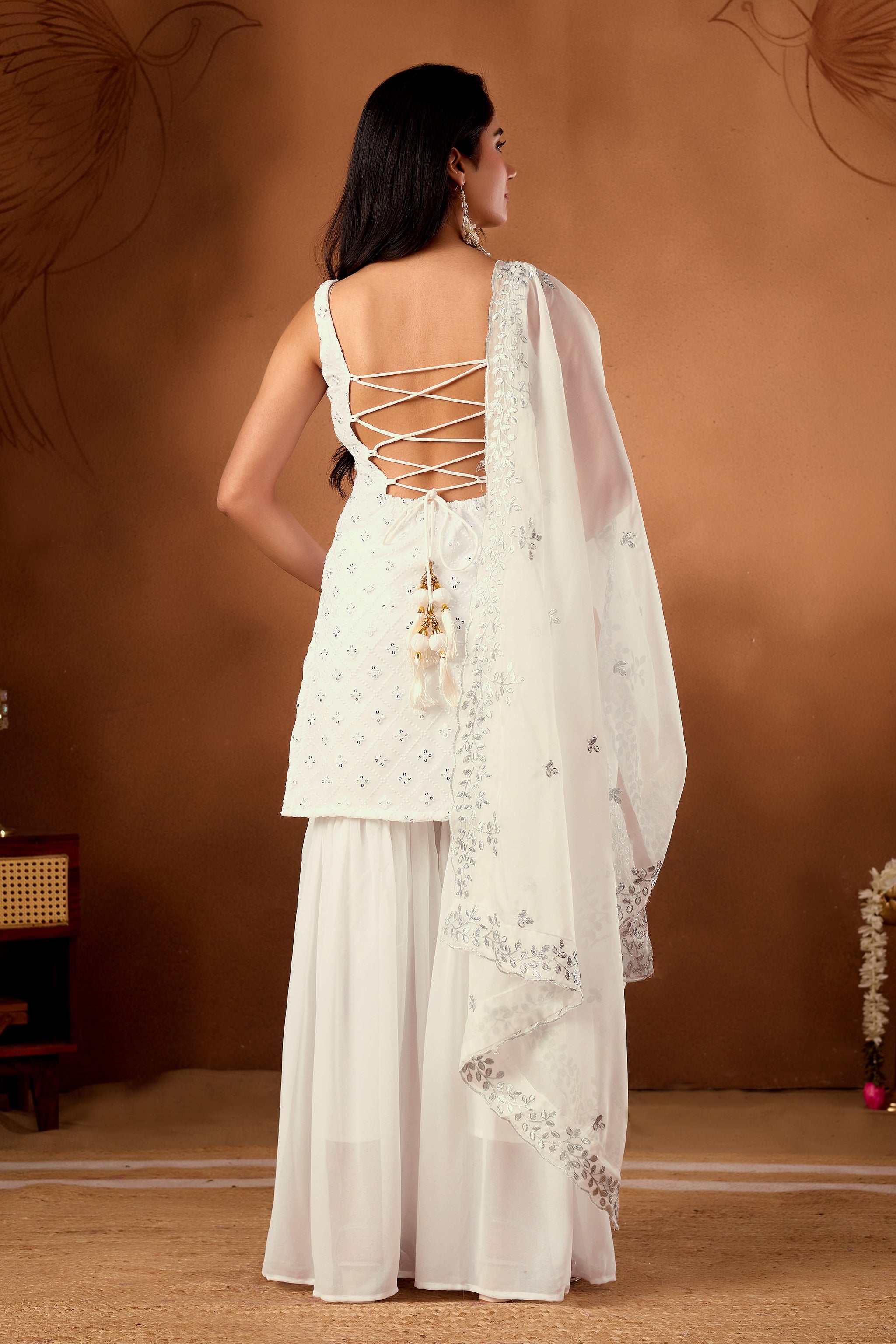 Elegant White Embroidered  Designer Sharara Suit Set & Kurta Sets