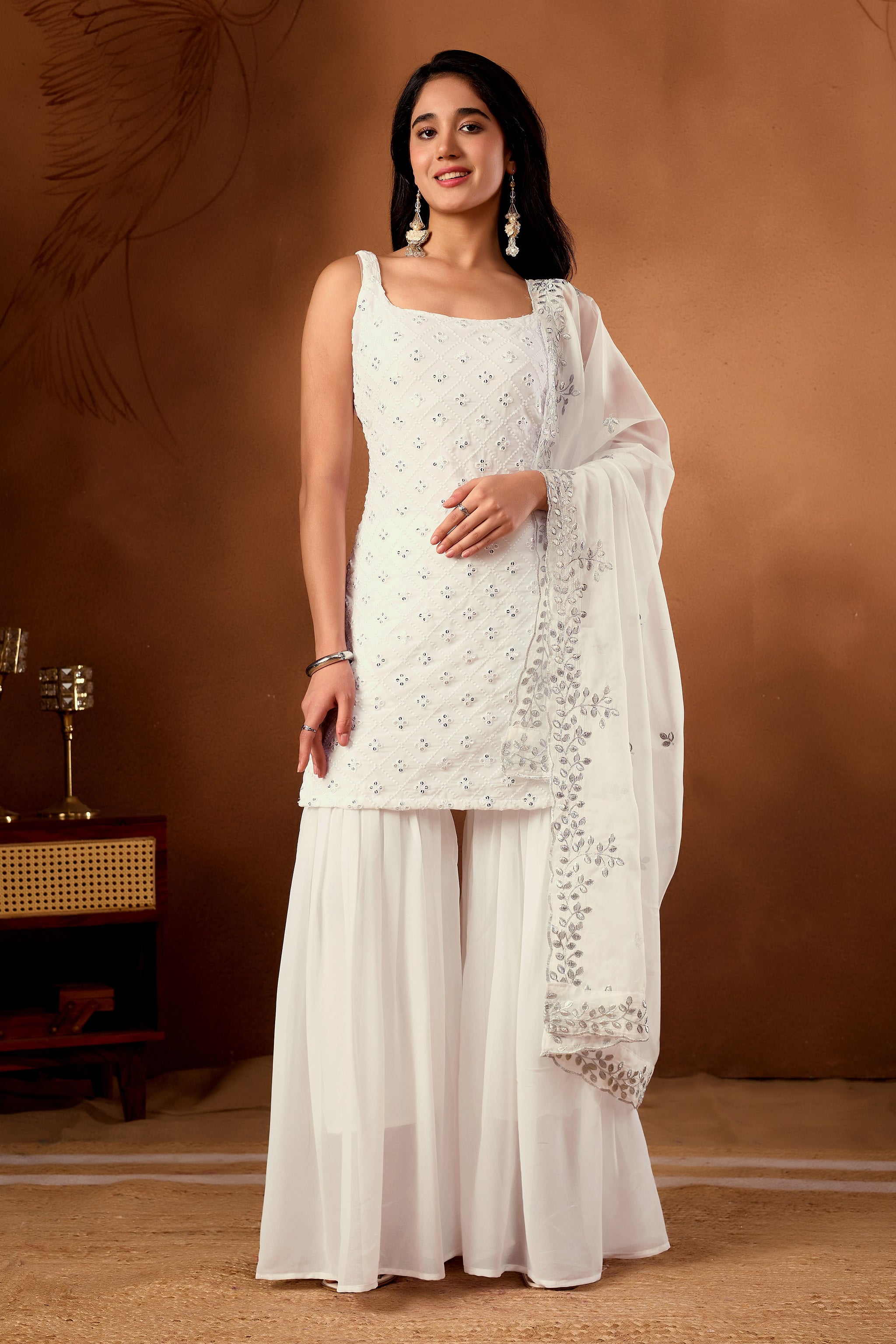 Elegant White Embroidered  Designer Sharara Suit Set & Kurta Sets