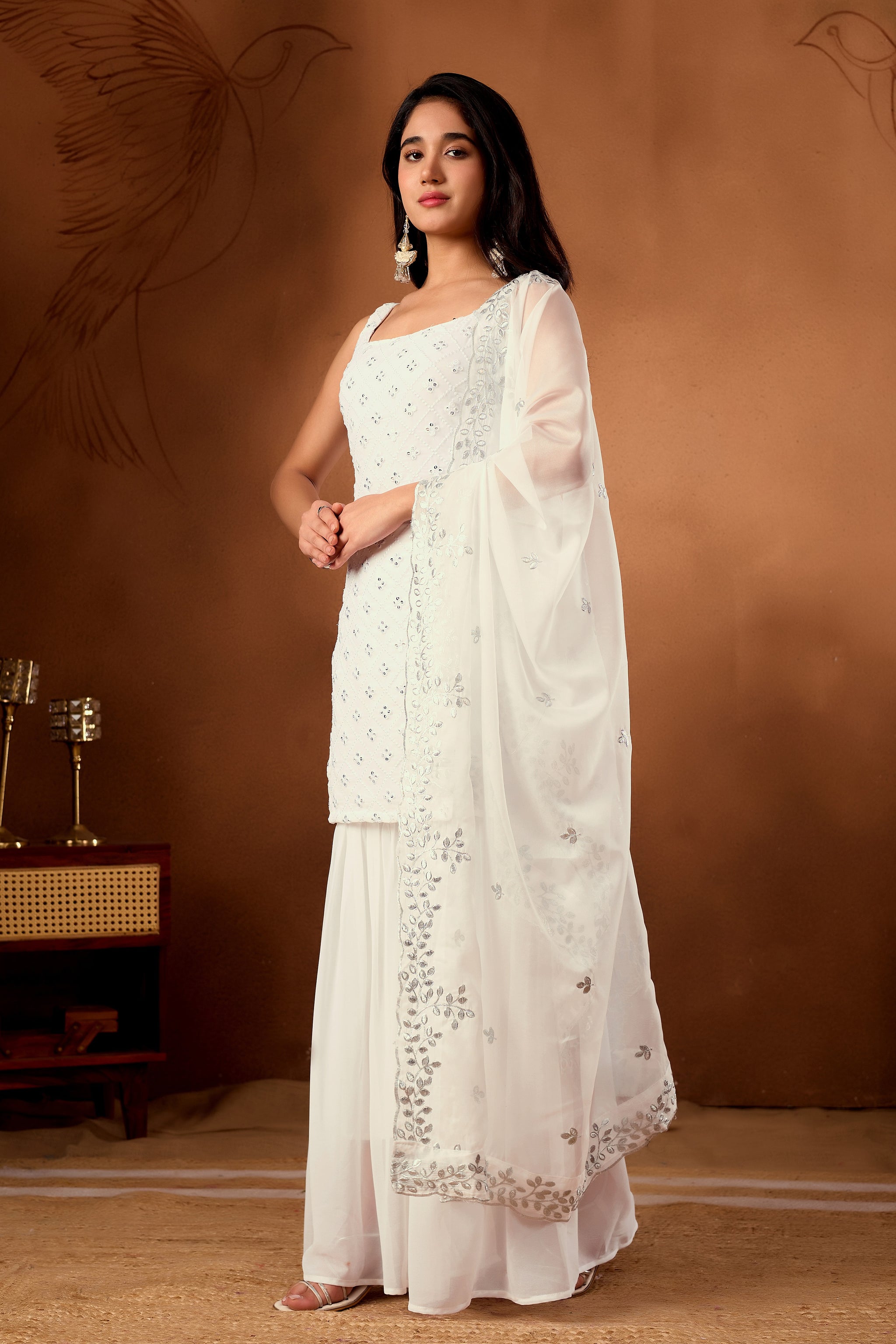 Elegant White Embroidered  Designer Sharara Suit Set & Kurta Sets