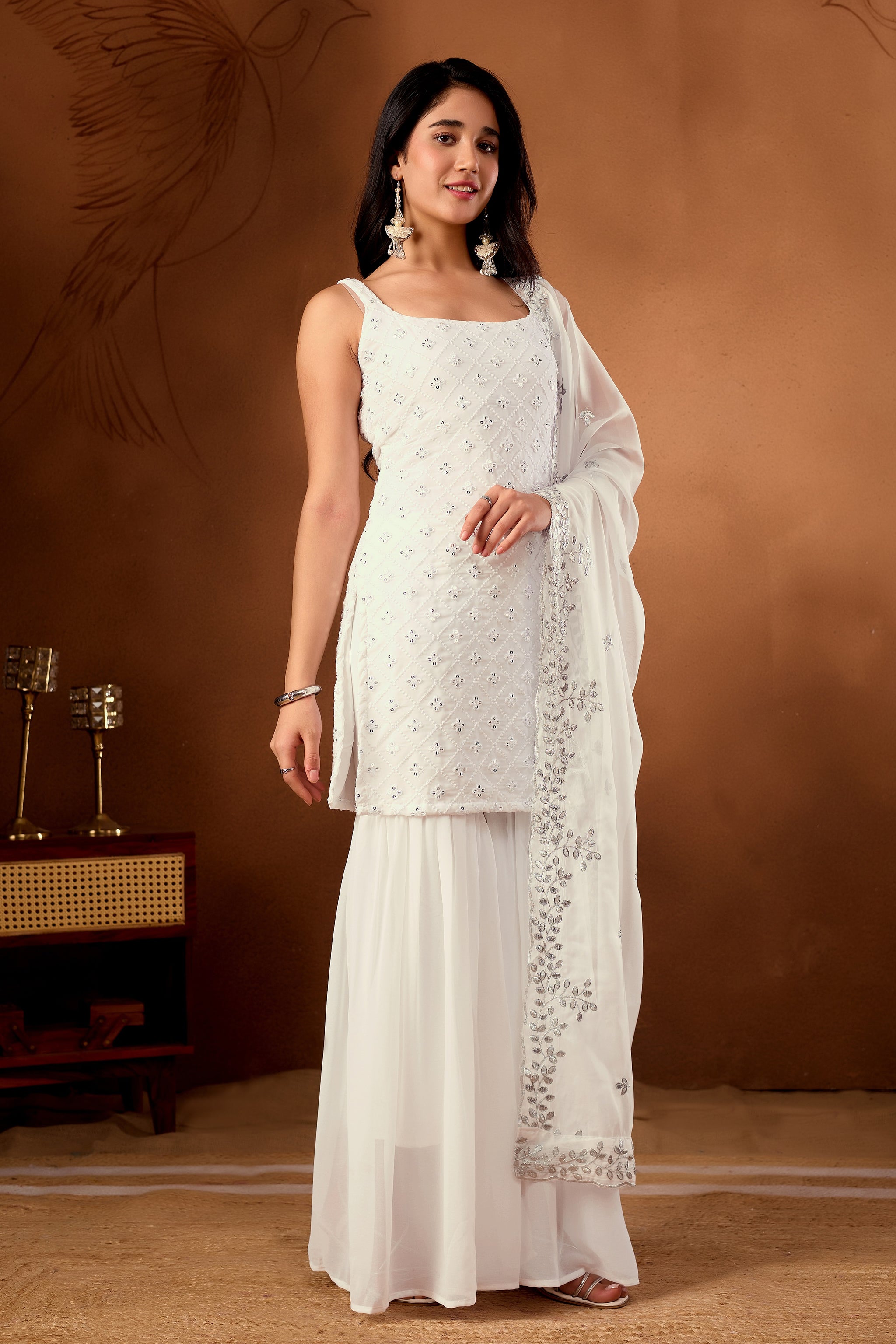 Elegant White Embroidered  Designer Sharara Suit Set & Kurta Sets