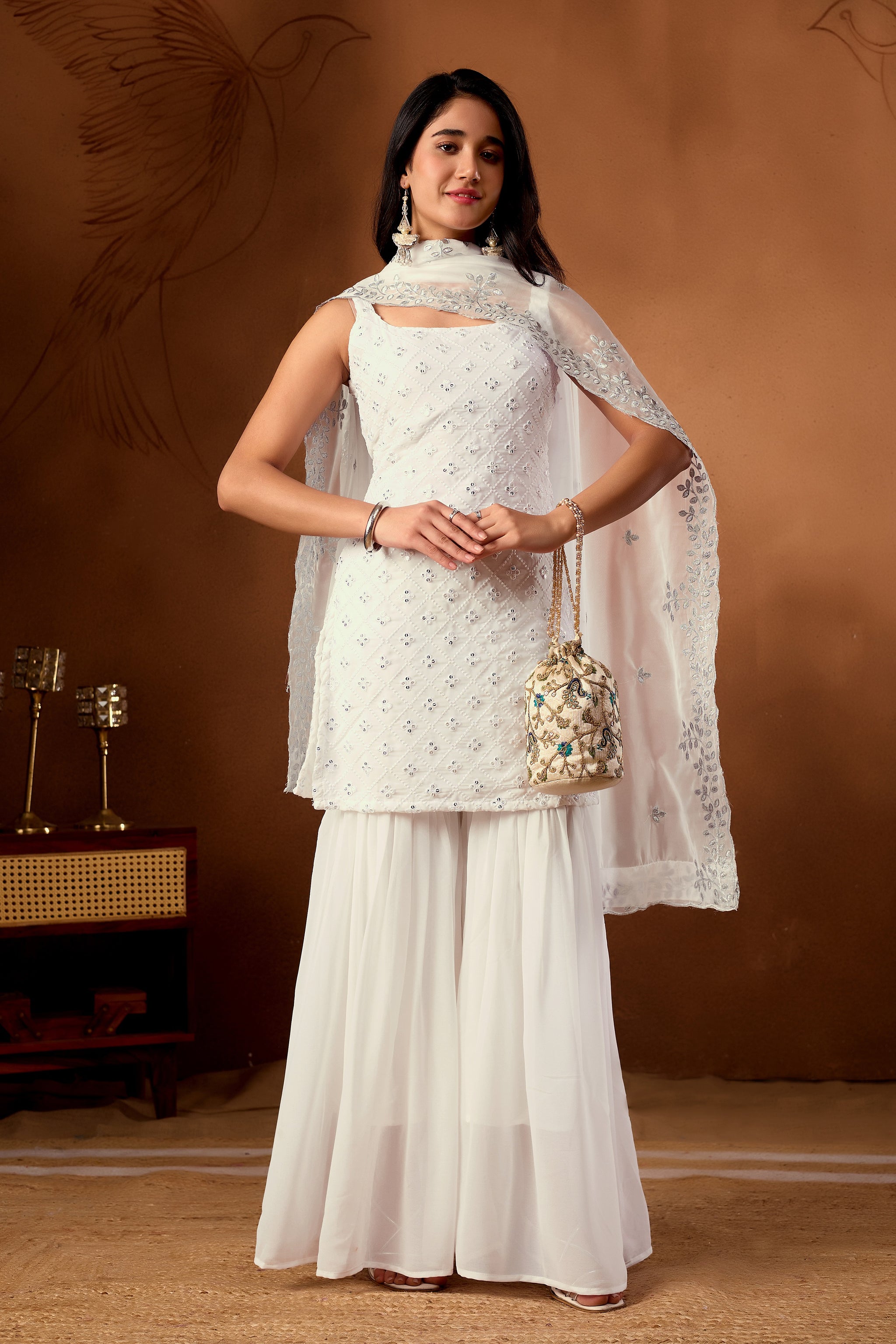 Elegant White Embroidered  Designer Sharara Suit Set & Kurta Sets