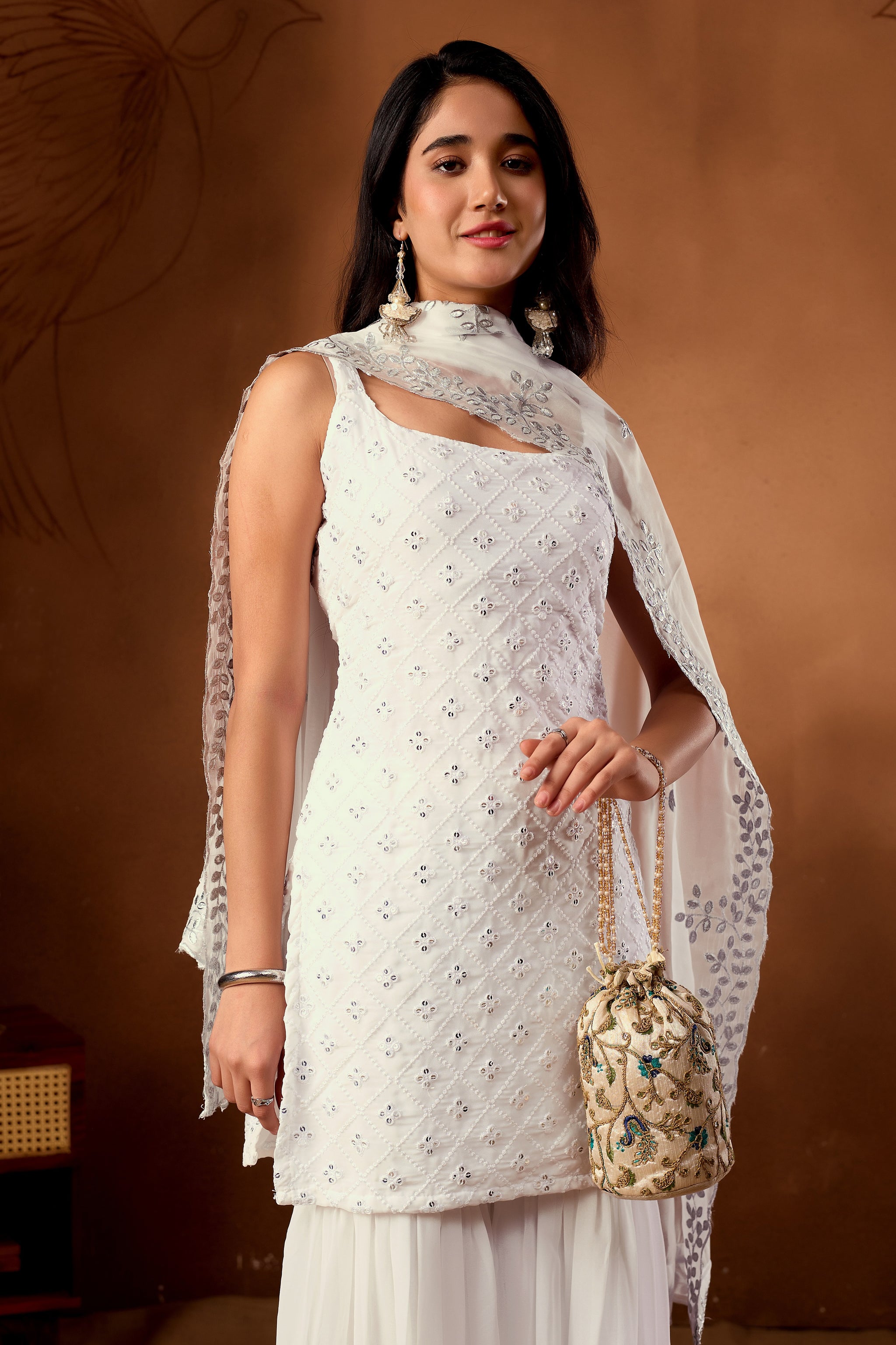Elegant White Embroidered  Designer Sharara Suit Set & Kurta Sets