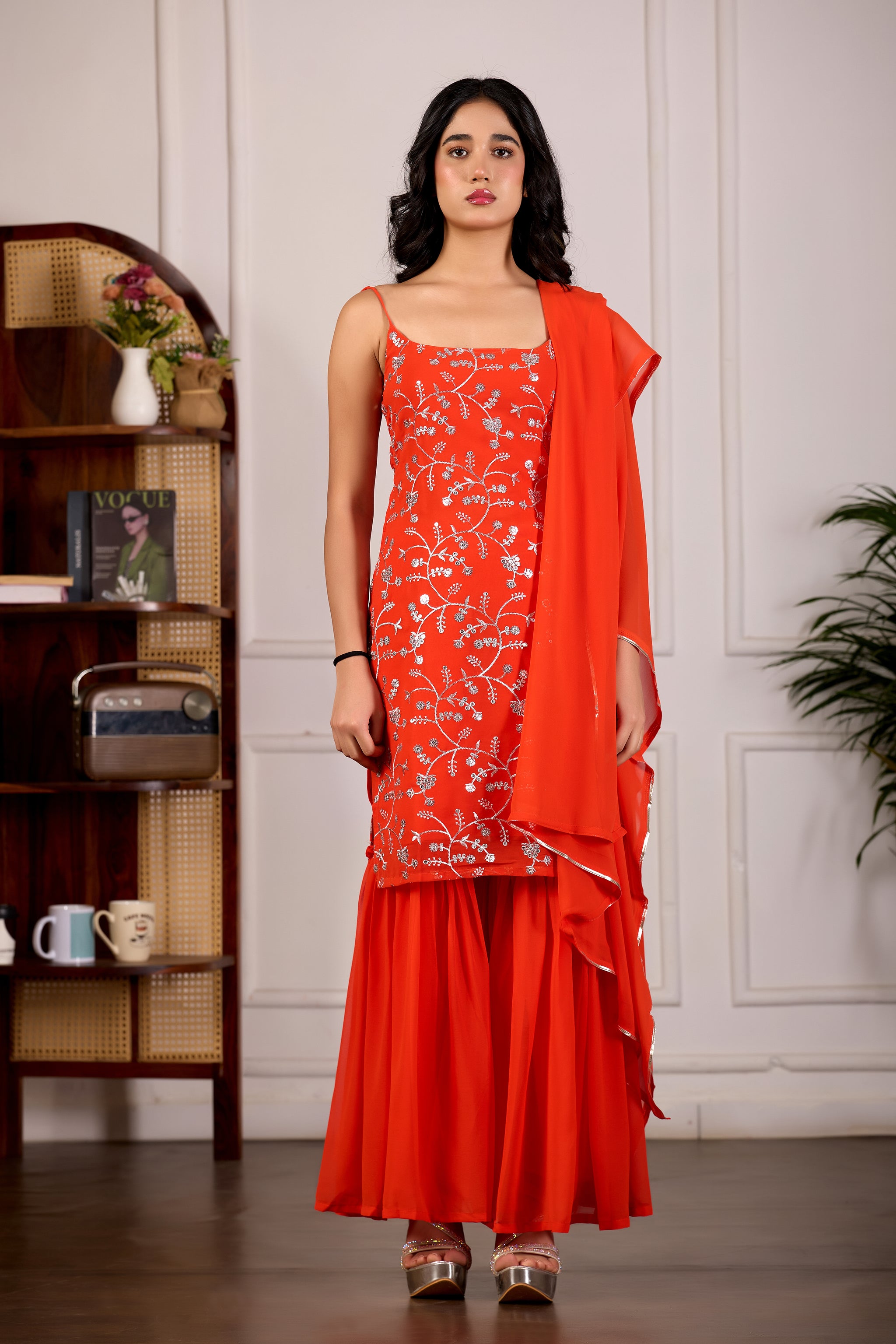 Designer Orange Embroidered Kurta Set And Sharara Suit Set