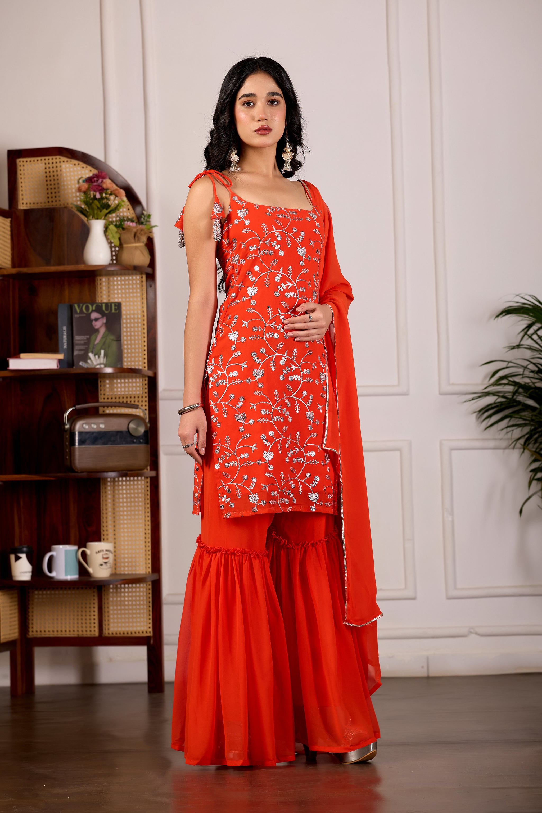 Designer Orange Embroidered Kurta Set And Sharara Suit Set