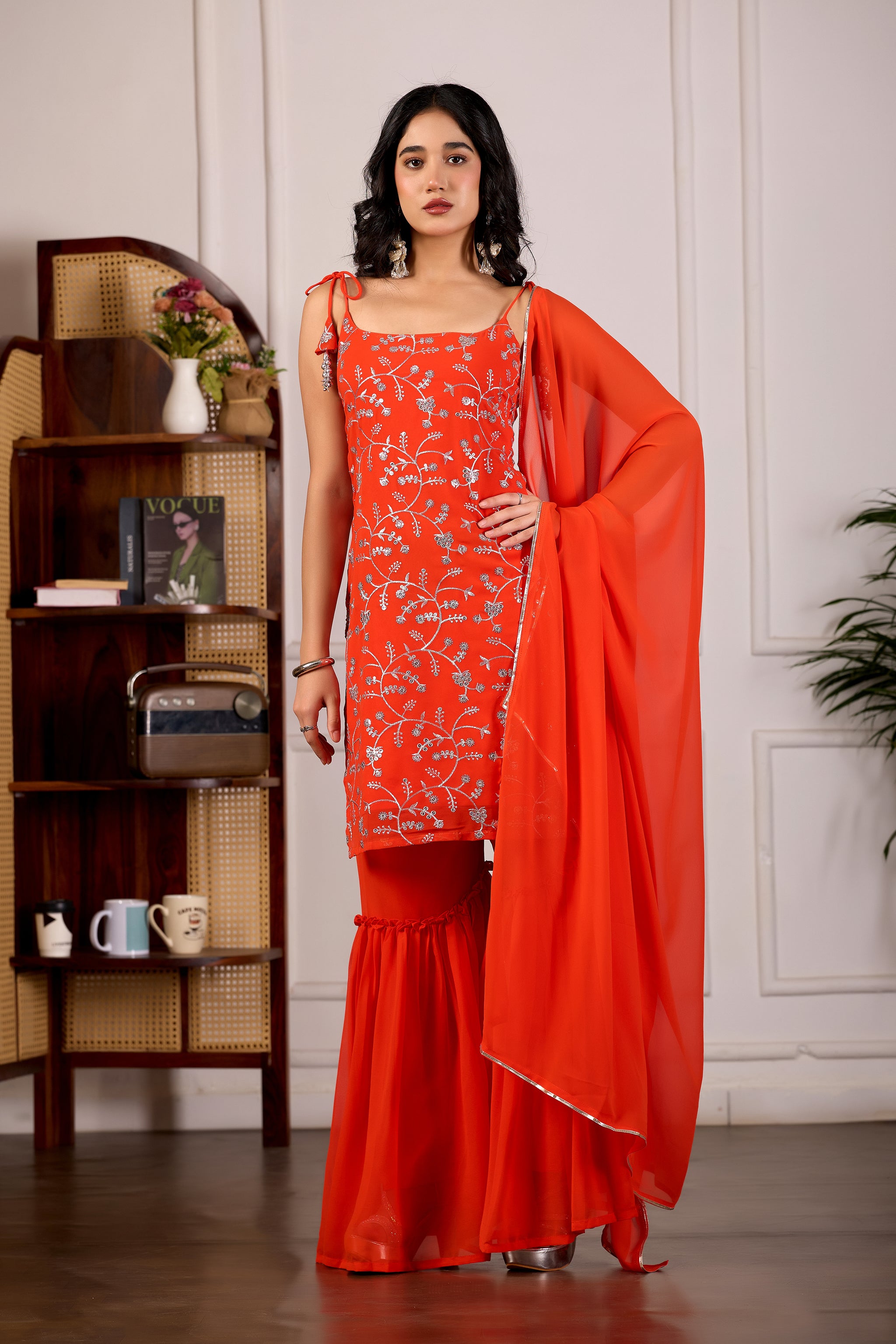 Designer Orange Embroidered Kurta Set And Sharara Suit Set
