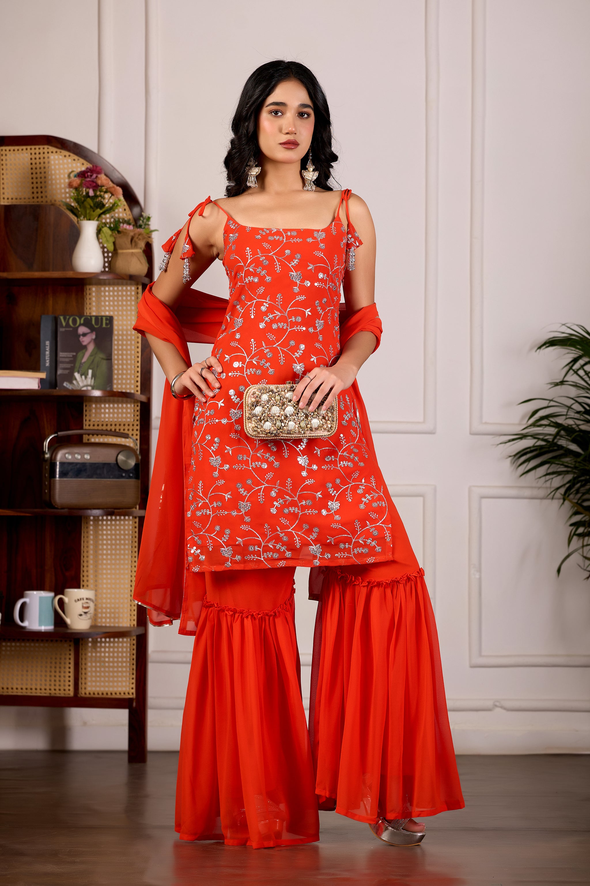 Designer Orange Embroidered Kurta Set And Sharara Suit Set