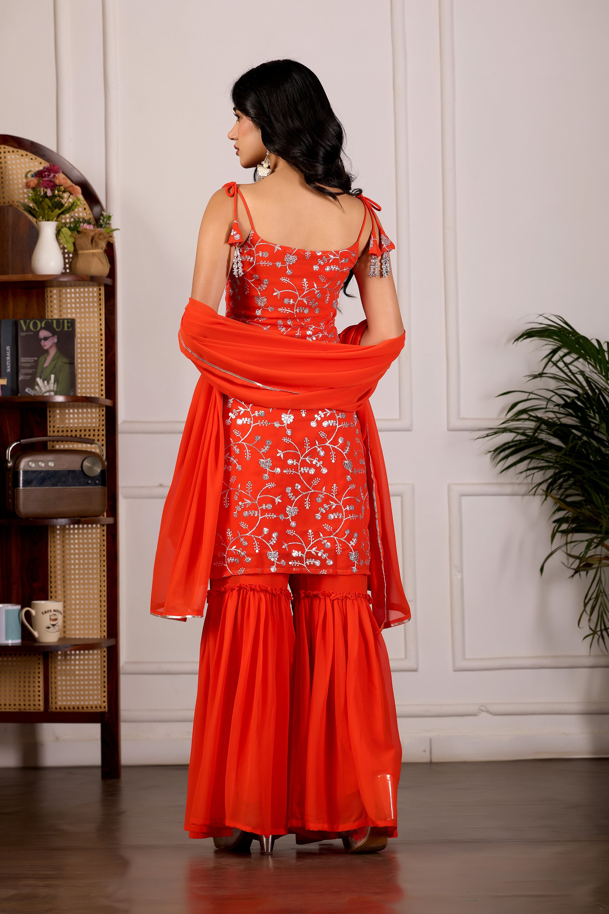 Designer Orange Embroidered Kurta Set And Sharara Suit Set