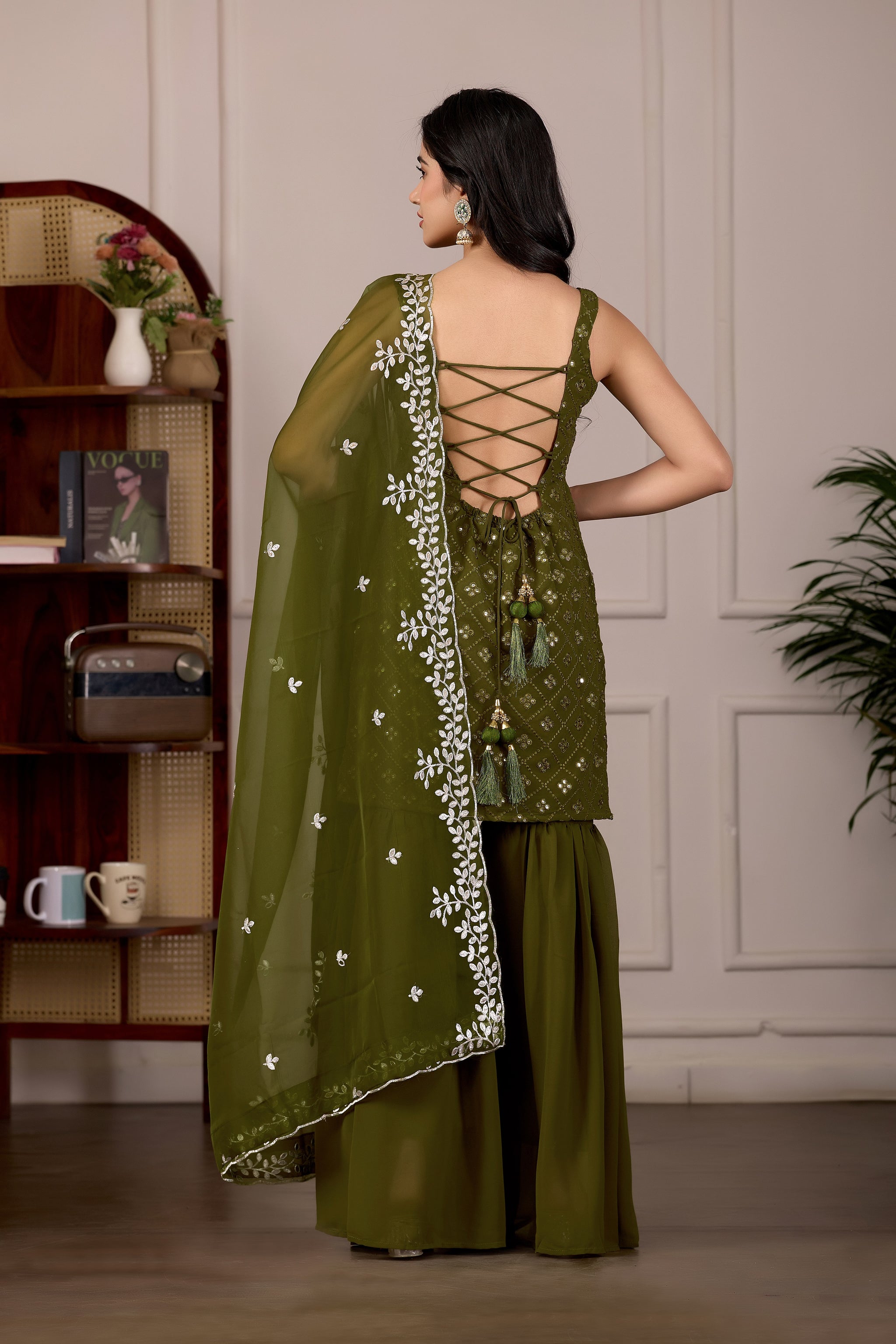 Mehndi Embroidered Kurta And Sharara Suit Set with Dupatta