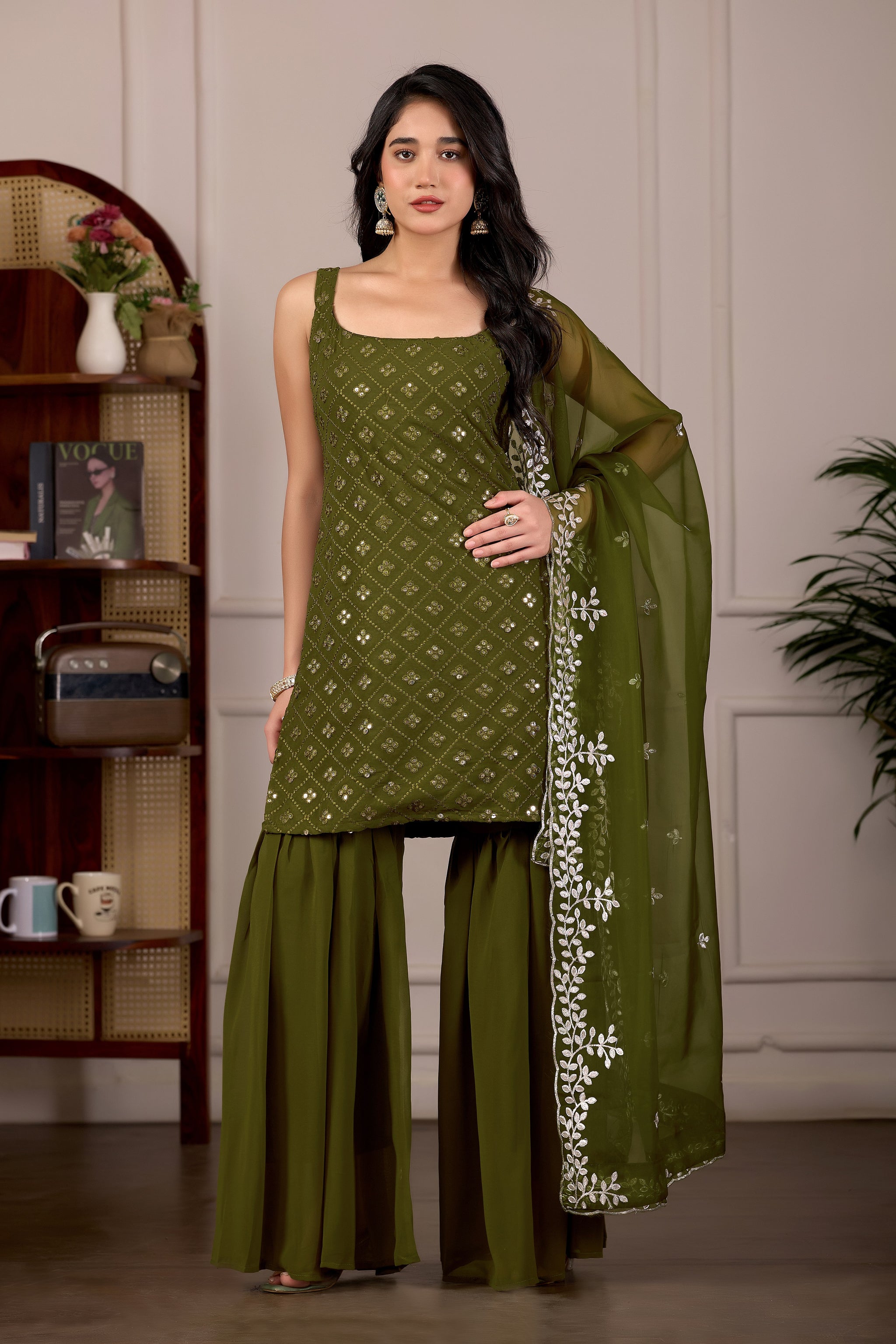 Mehndi Embroidered Kurta And Sharara Suit Set with Dupatta