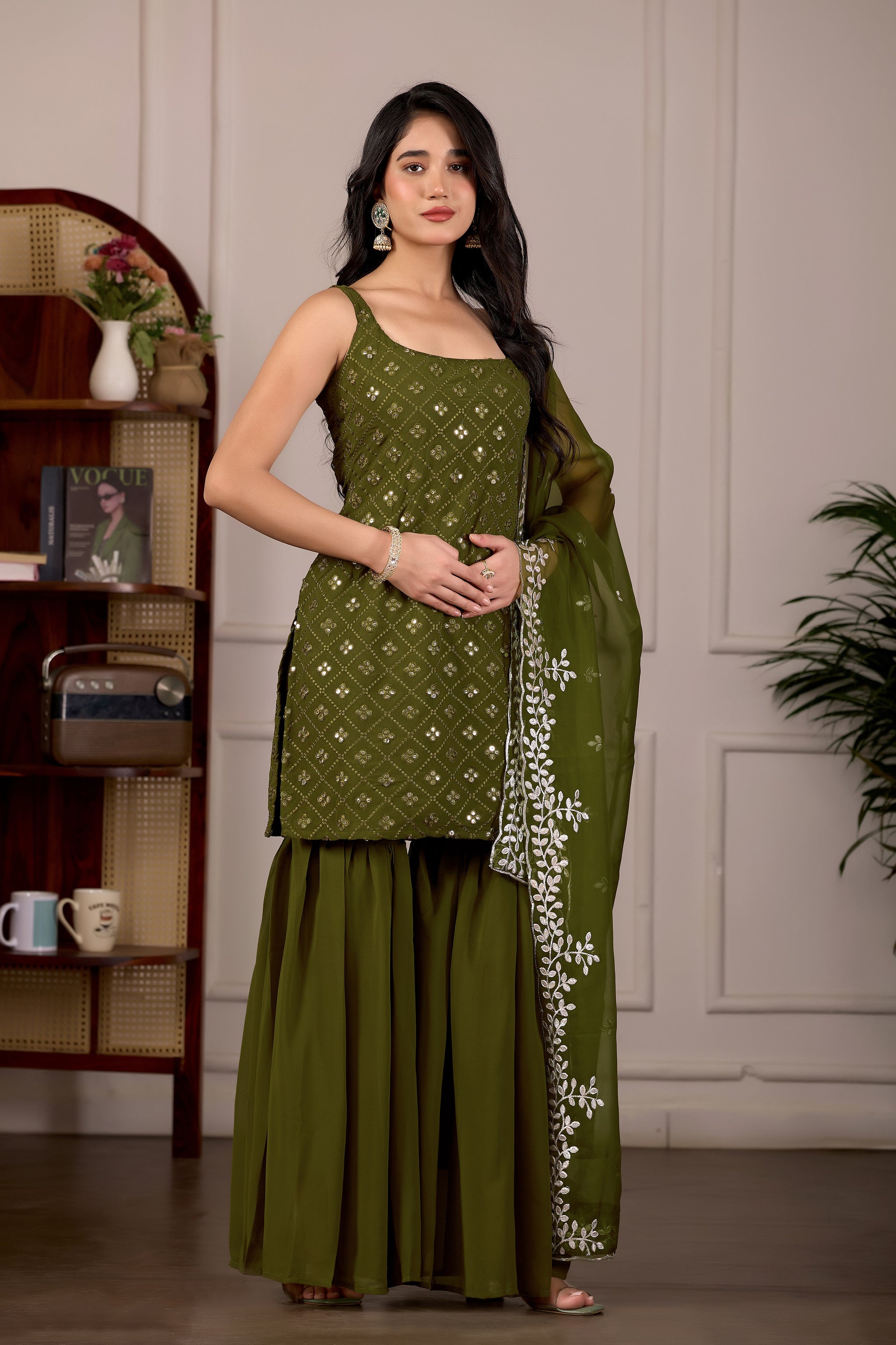 Mehndi Embroidered Kurta And Sharara Suit Set with Dupatta
