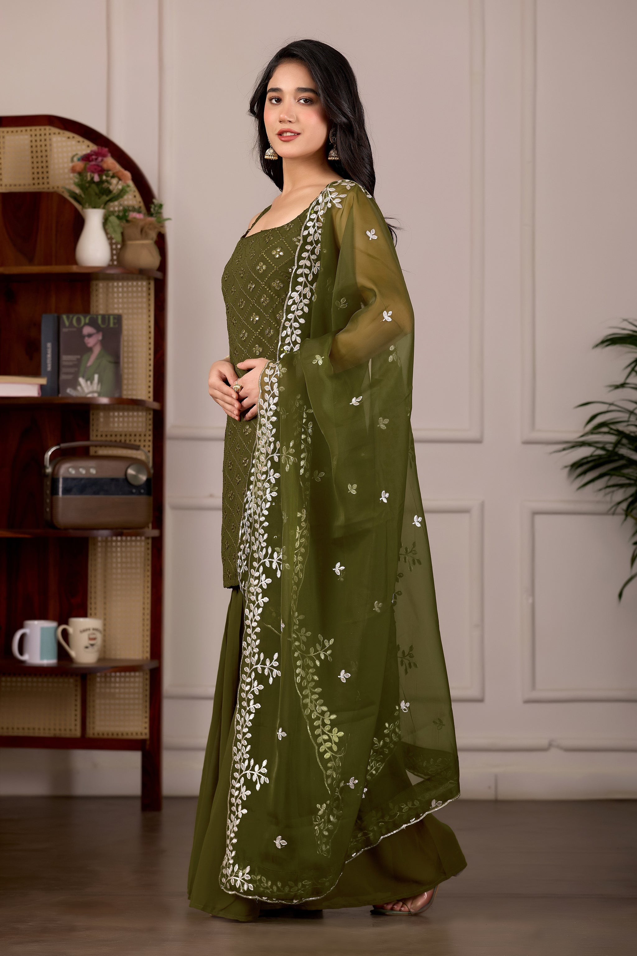 Mehndi Embroidered Kurta And Sharara Suit Set with Dupatta