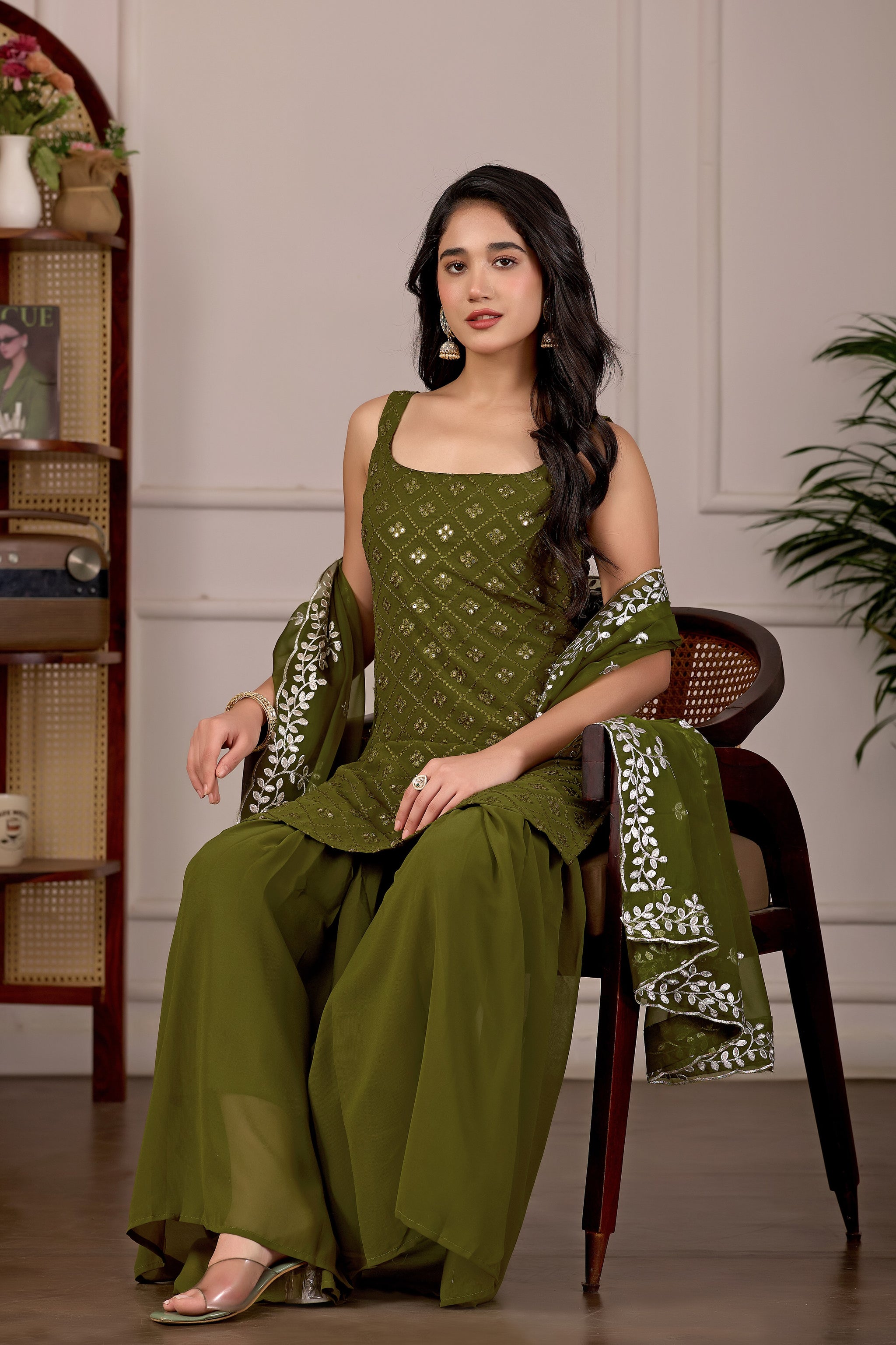 Mehndi Embroidered Kurta And Sharara Suit Set with Dupatta