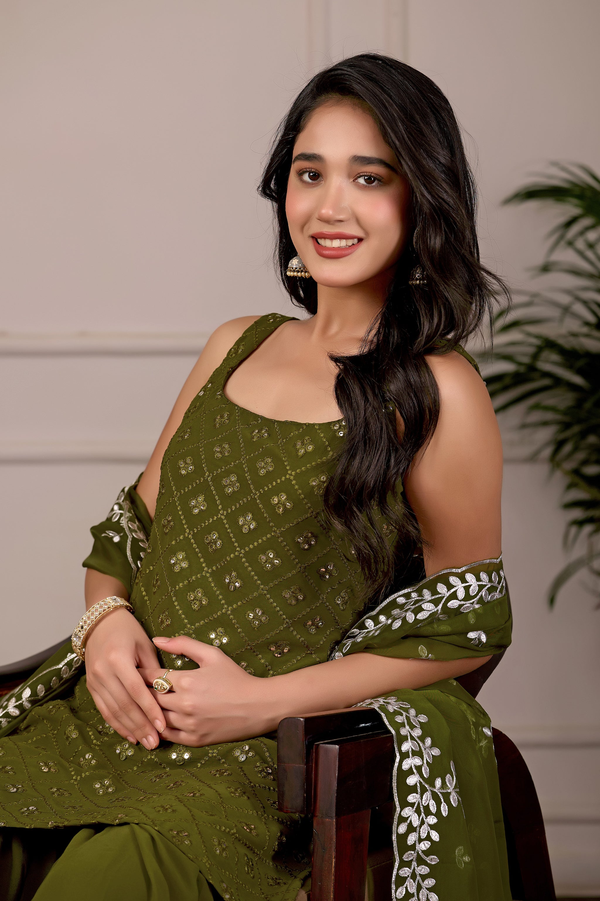 Mehndi Embroidered Kurta And Sharara Suit Set with Dupatta