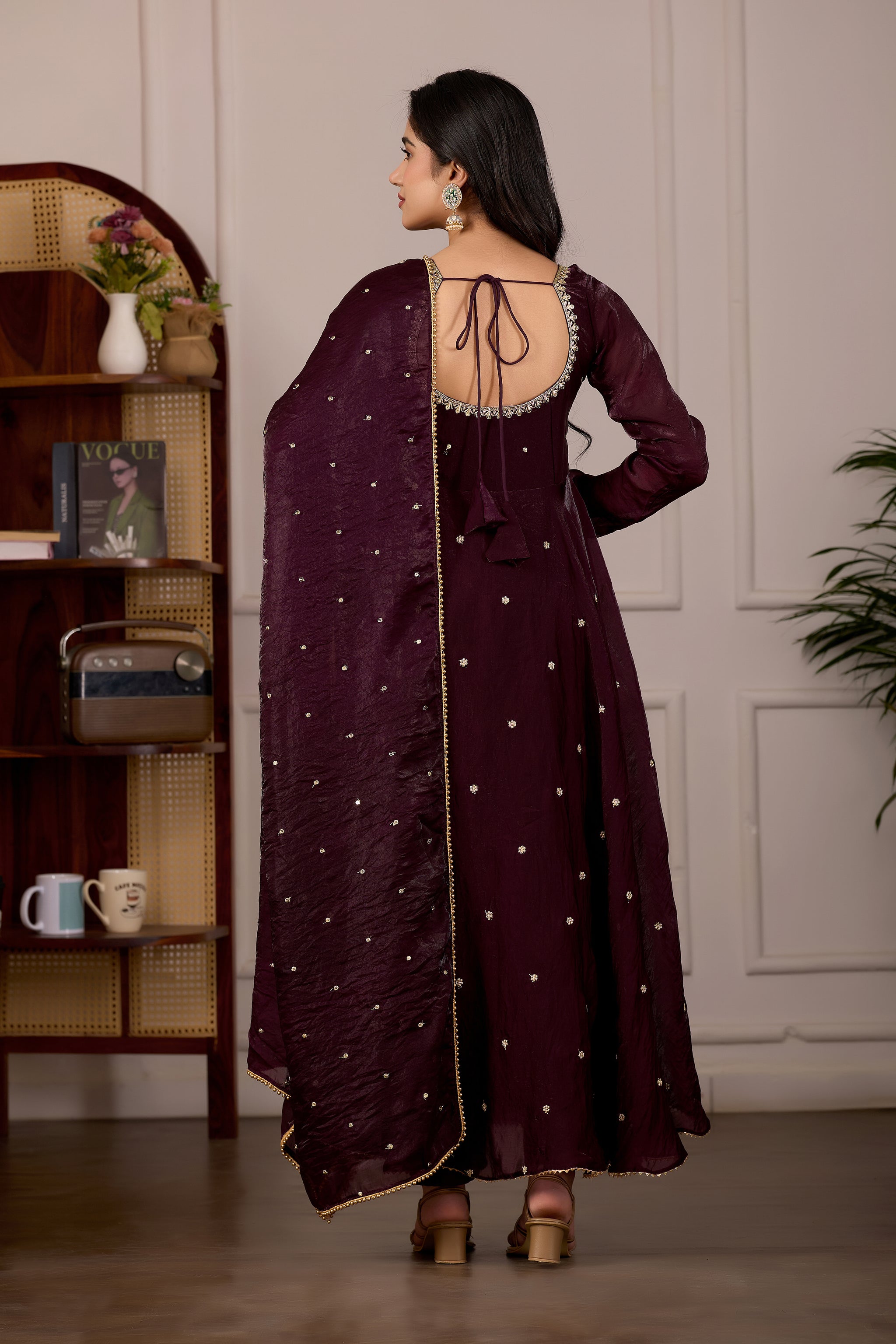 Wine Burgundy Anarkali Suit Set with Embroidery Dupatta