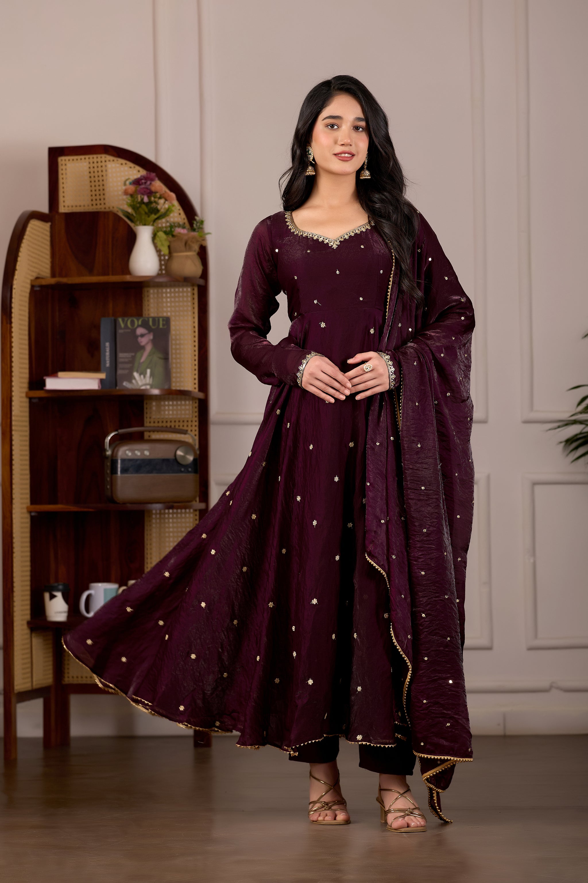 Wine Burgundy Anarkali Suit Set with Embroidery Dupatta