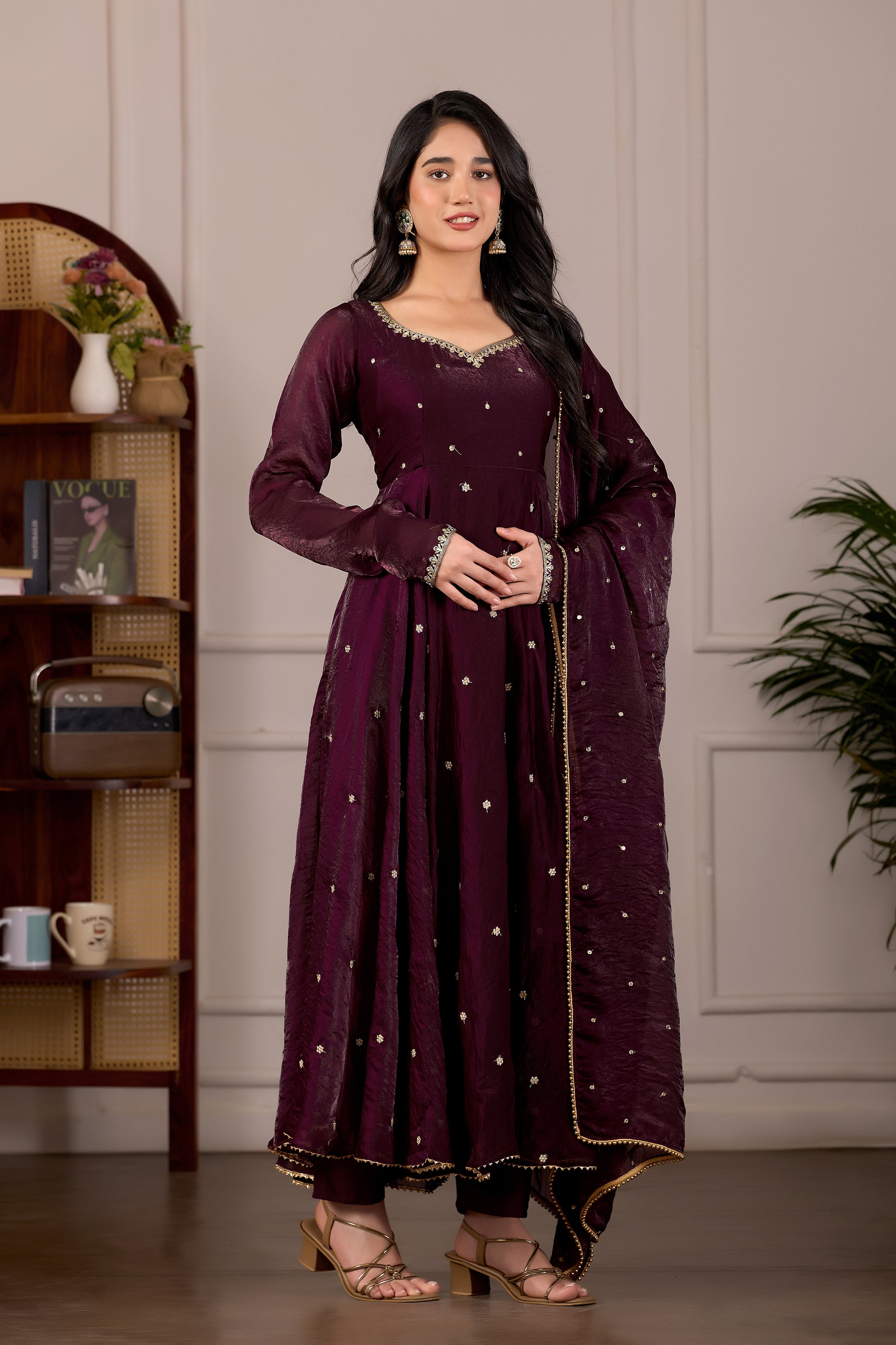 Wine Burgundy Anarkali Suit Set with Embroidery Dupatta