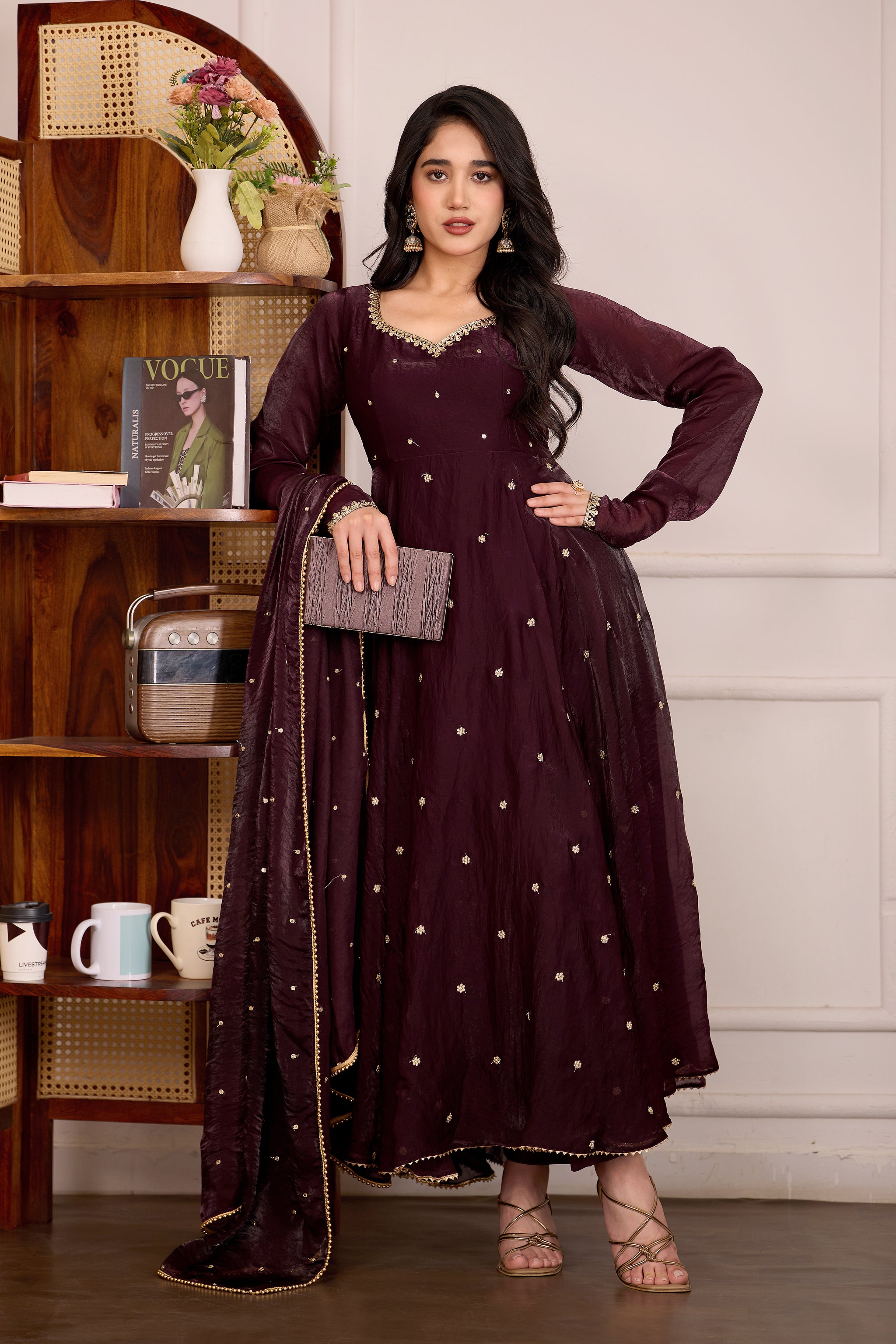 Wine Burgundy Anarkali Suit Set with Embroidery Dupatta