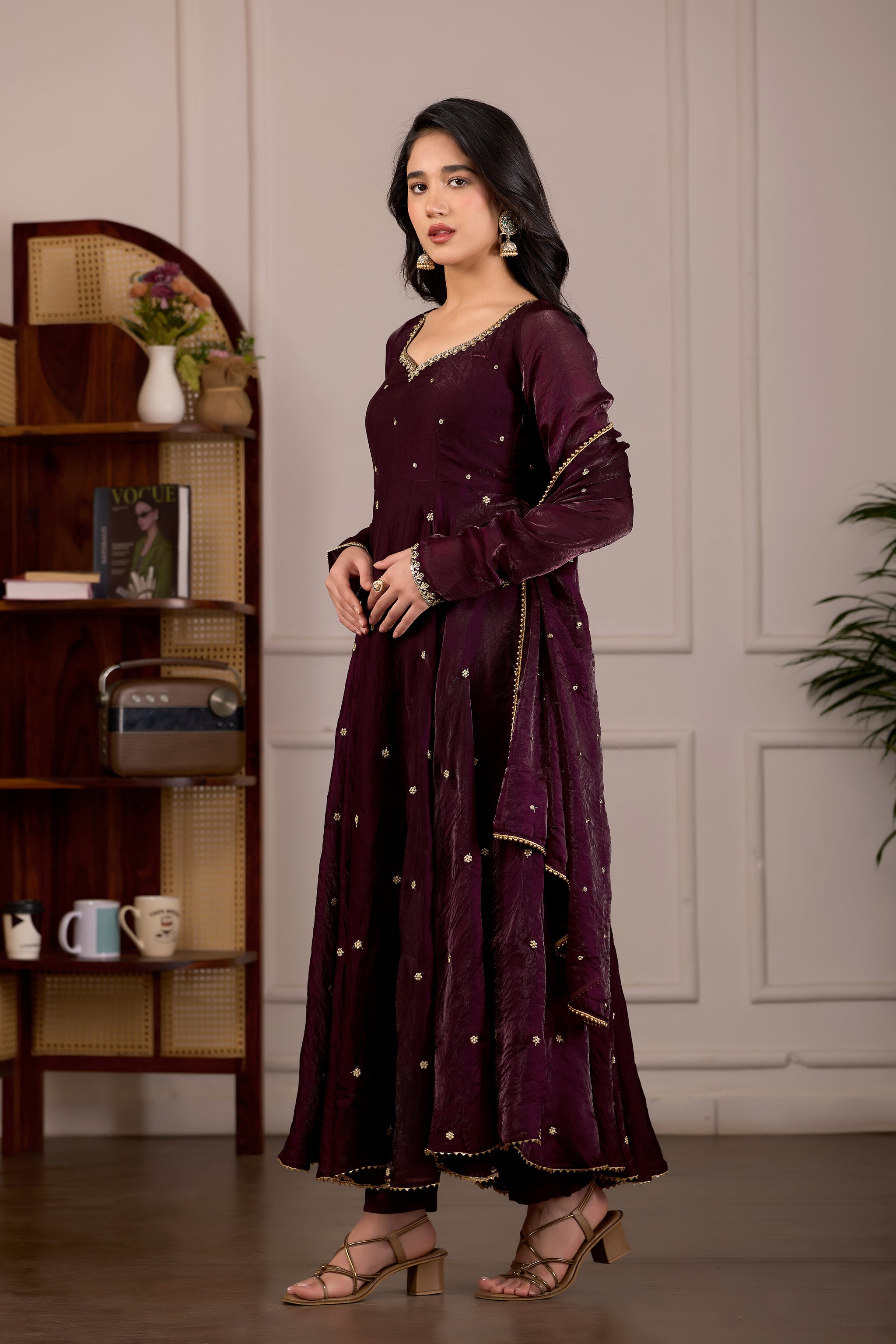 Wine Burgundy Anarkali Suit Set with Embroidery Dupatta