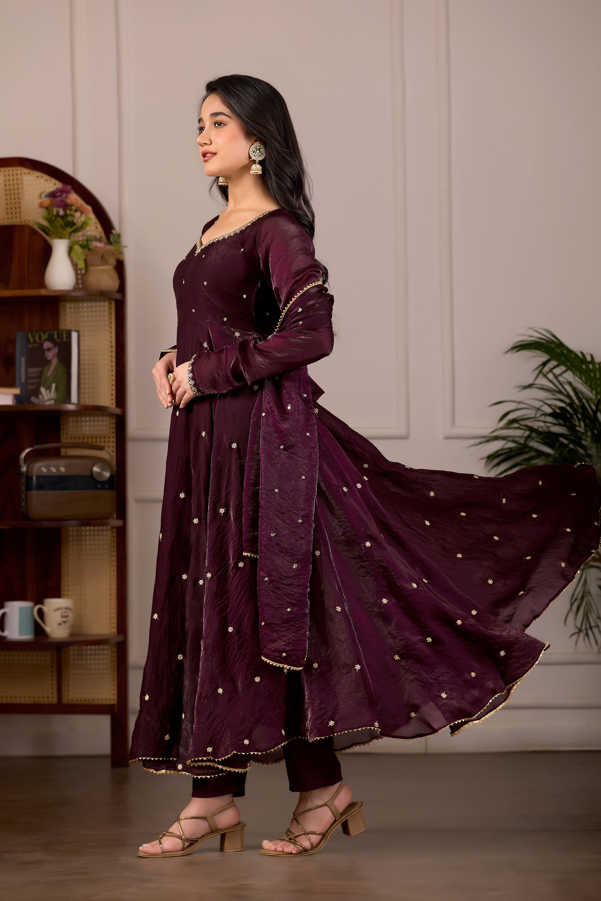 Wine Burgundy Anarkali Suit Set with Embroidery Dupatta