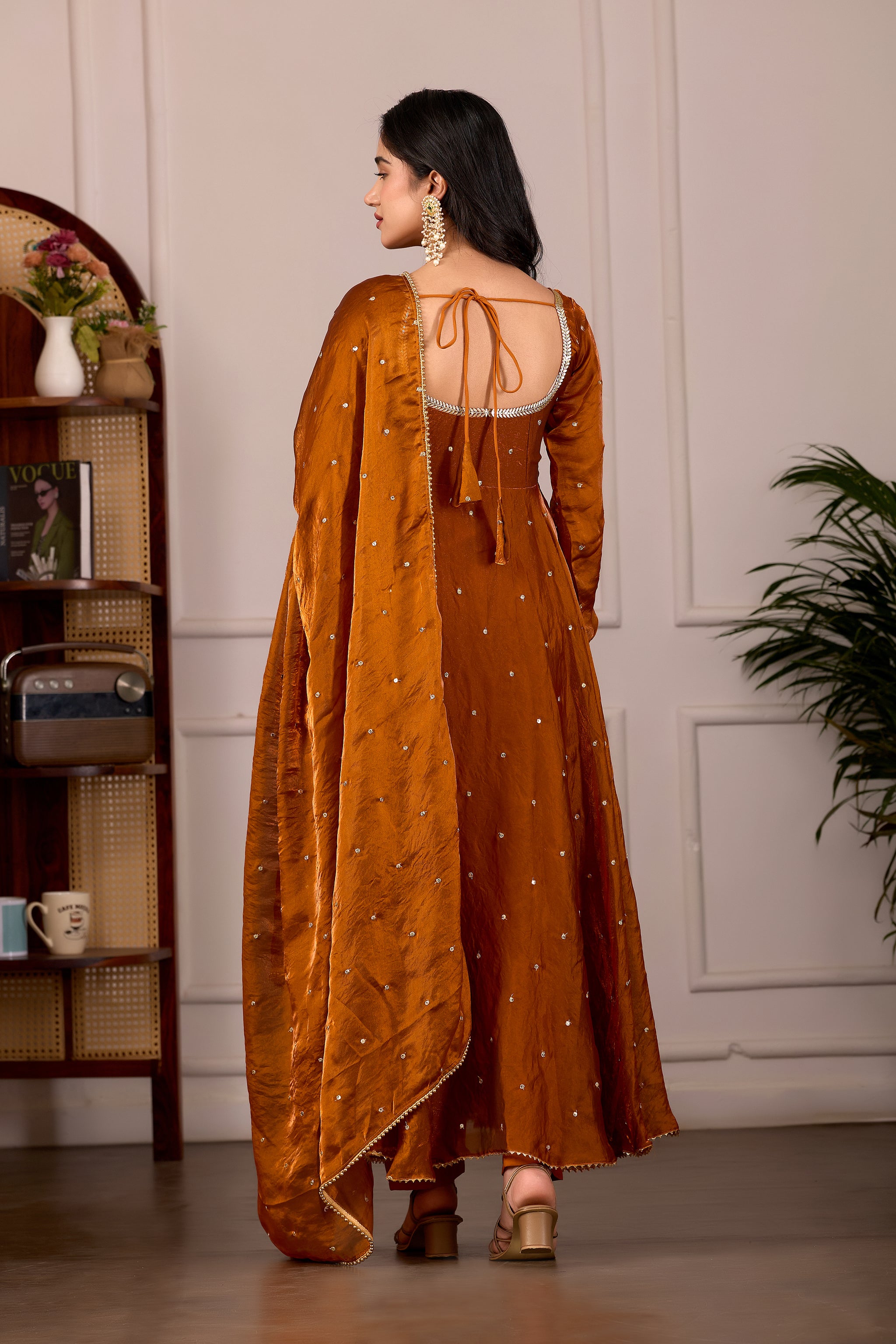 Rust Fendy Anarkali Suit Set with Embroidery Dupatta