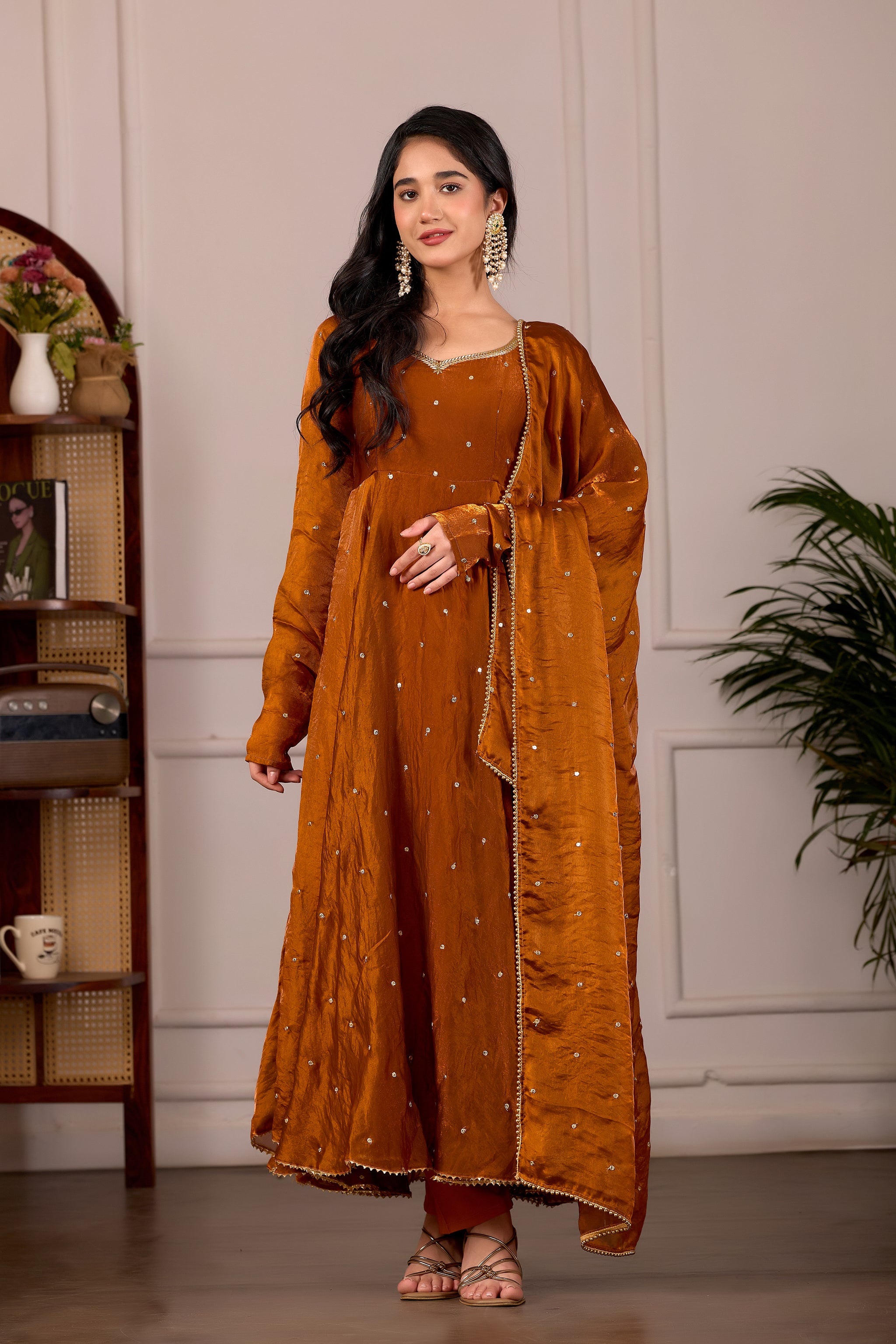Rust Fendy Anarkali Suit Set with Embroidery Dupatta