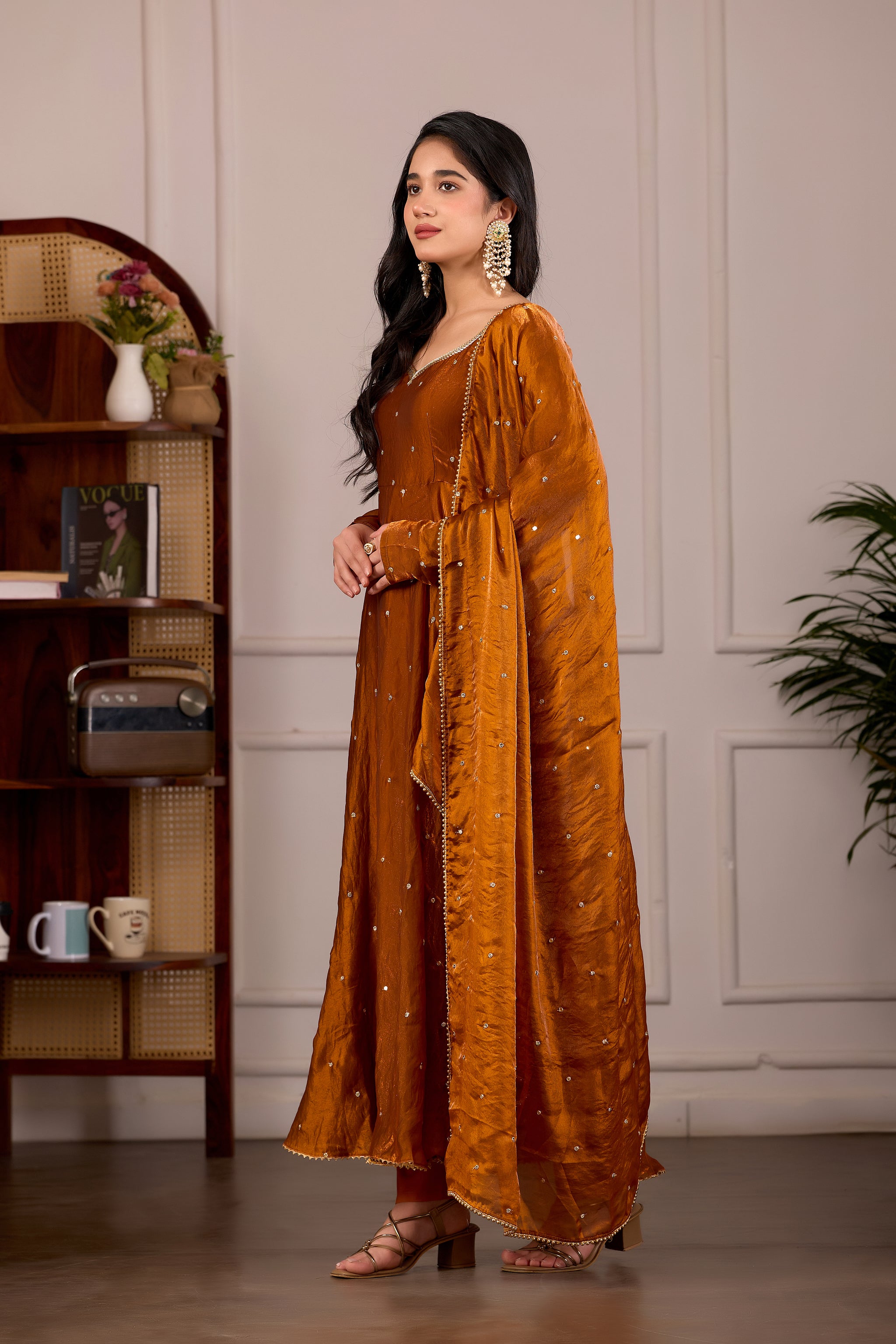 Rust Fendy Anarkali Suit Set with Embroidery Dupatta