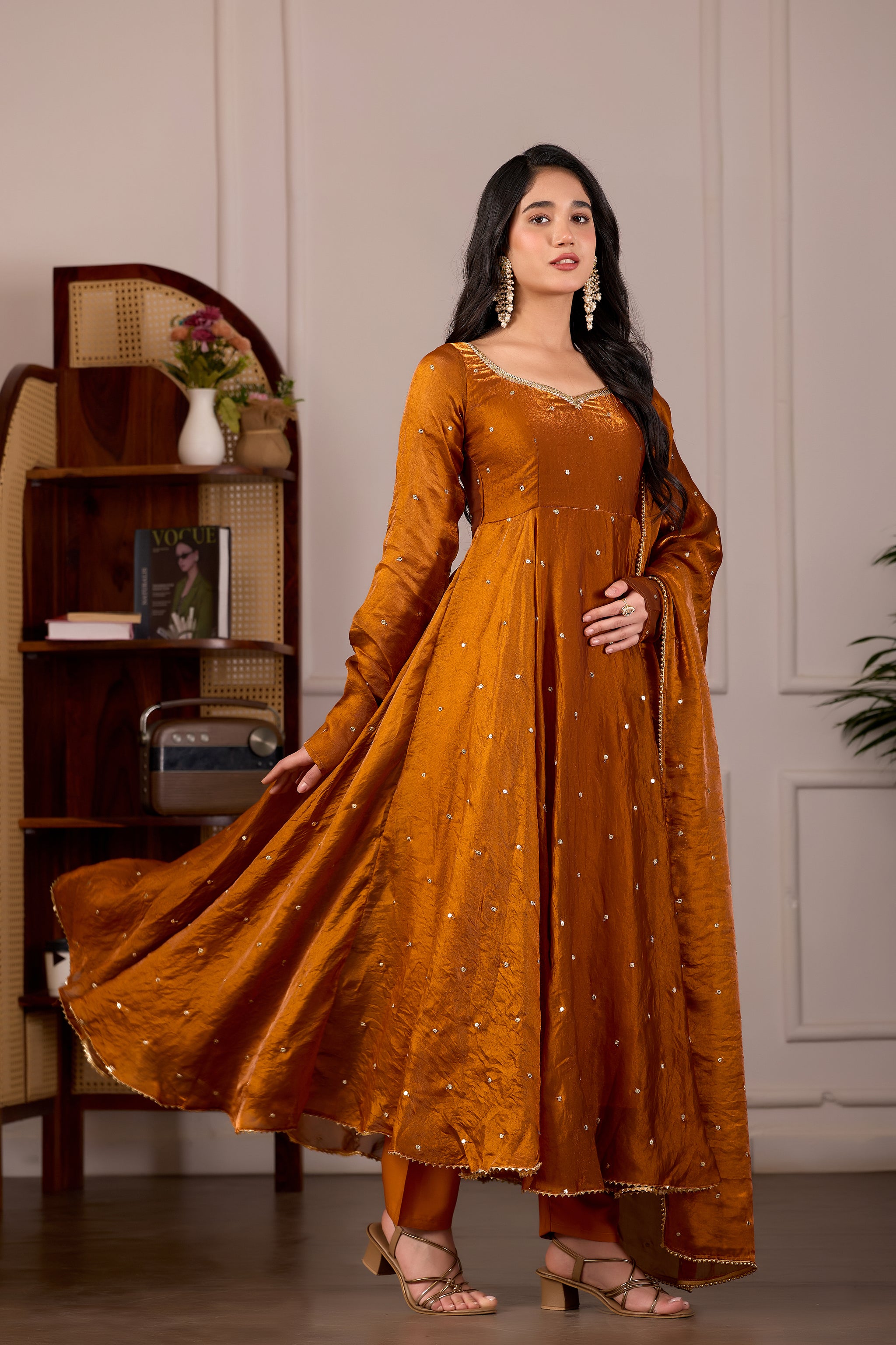 Rust Fendy Anarkali Suit Set with Embroidery Dupatta