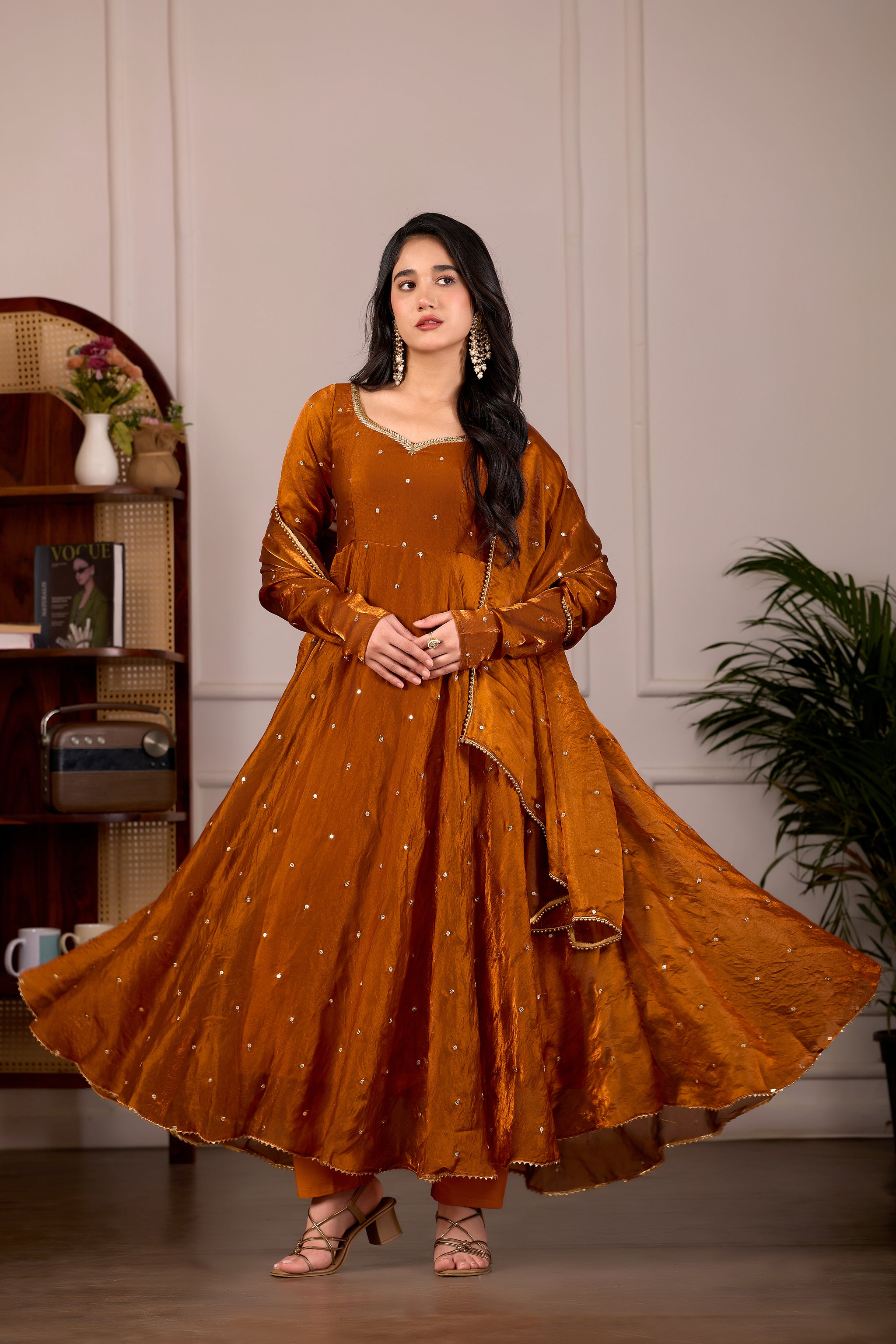 Rust Fendy Anarkali Suit Set with Embroidery Dupatta