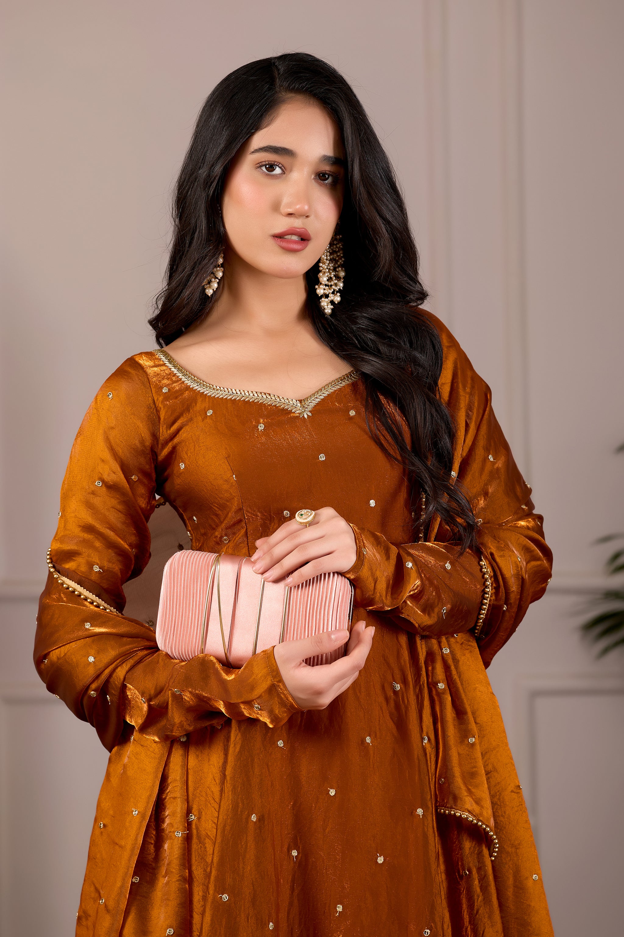 Rust Fendy Anarkali Suit Set with Embroidery Dupatta