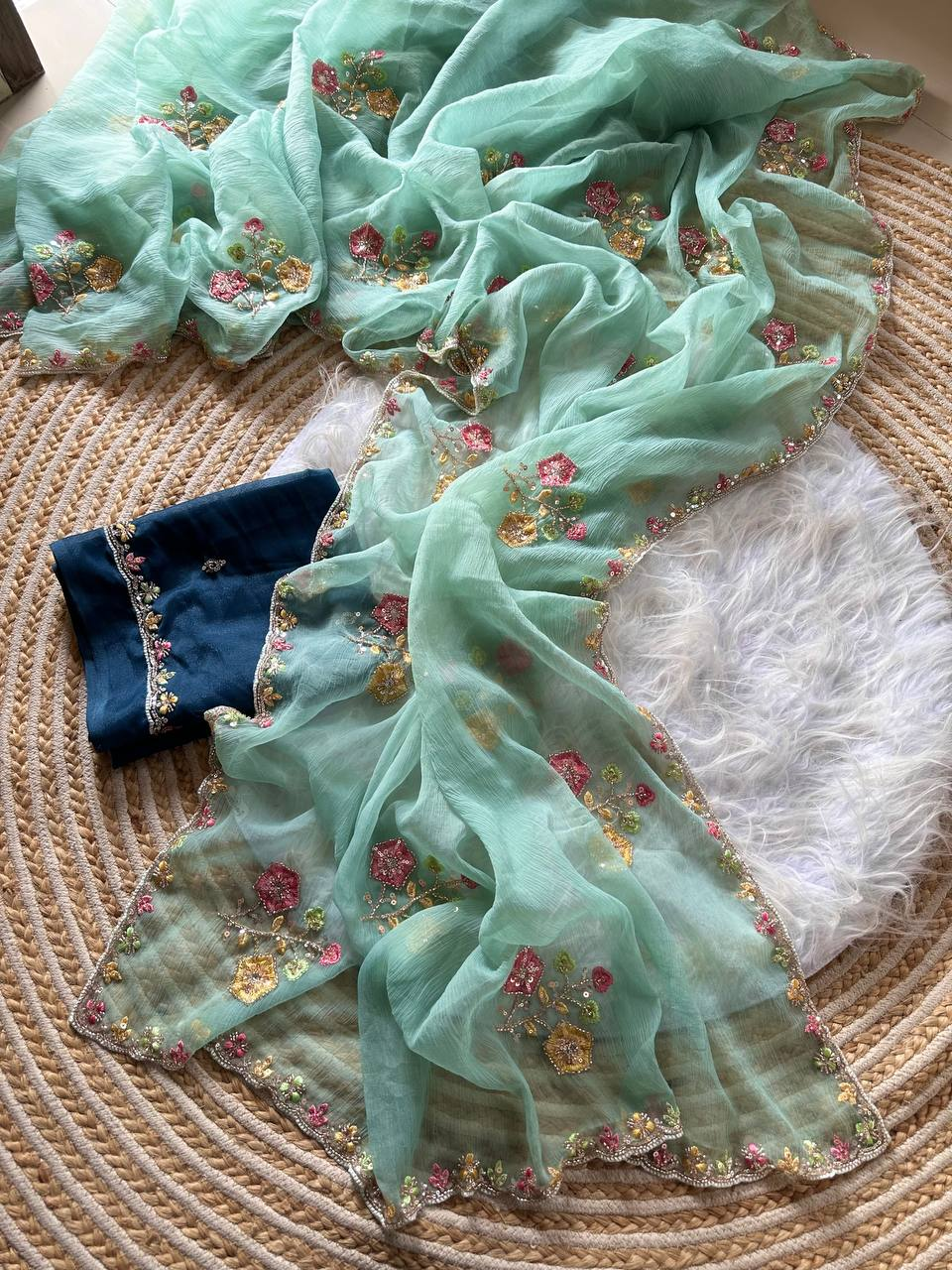 Sea Green Pure Soft Wari Chiffon Silk Saree with Floral Sequence Cutdana Embroidery & Multi Border Aarco Work