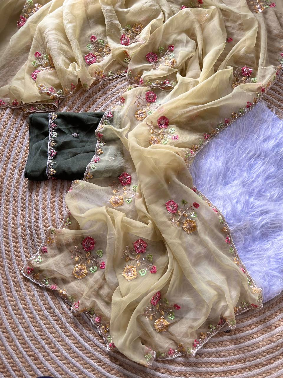 Ivory Gold Pure Soft Wari Chiffon Silk Saree with Floral Sequence Cutdana Embroidery & Multi Border Aarco Work