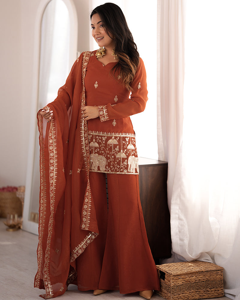 RUST ORANGE COLOR CRUNCHY SILK EMBROIDERED PLAZZO SUIT