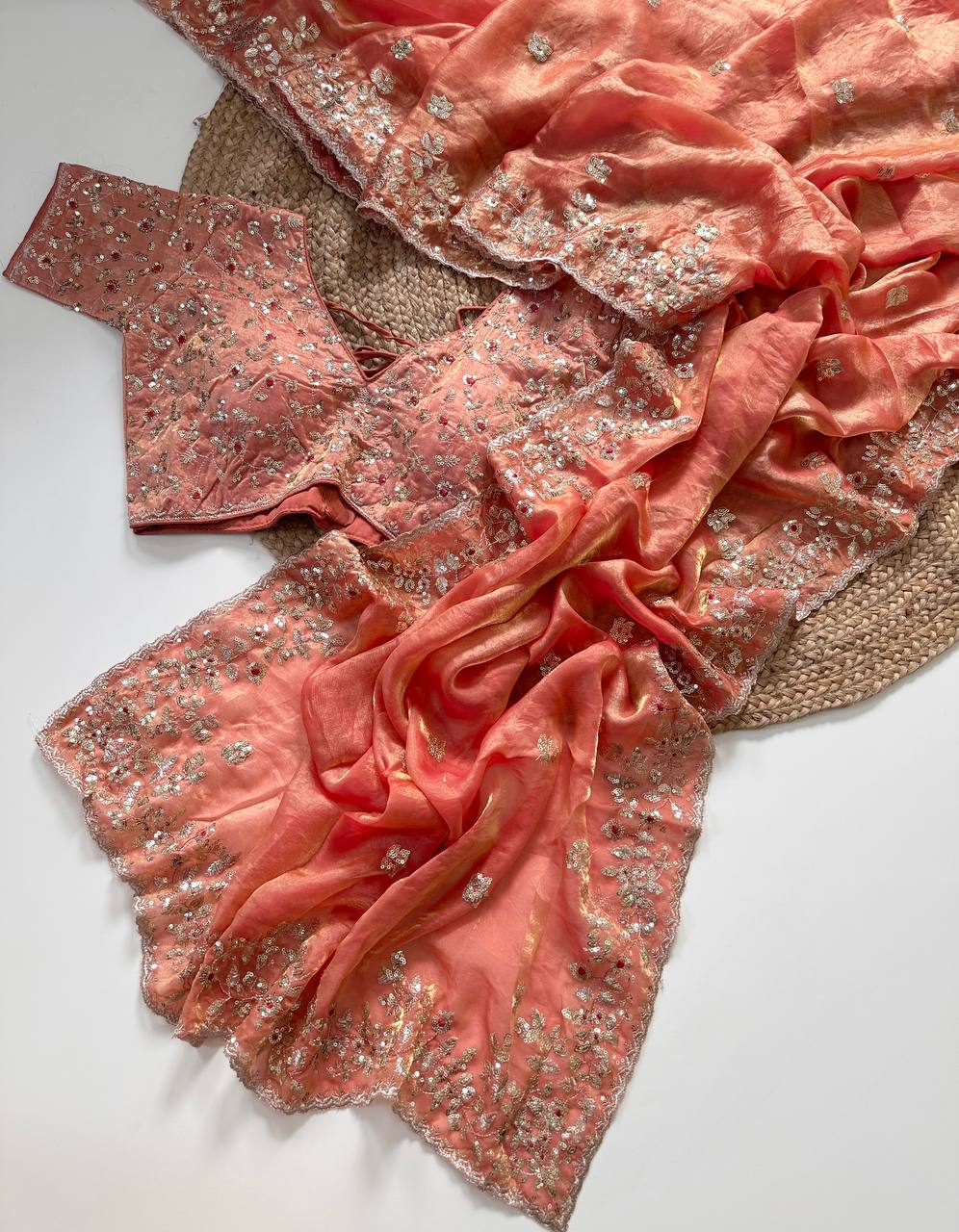 Coral Peach Pure Soft Fandy Satin Silk Saree with All-Over Floral Sequence Embroidery & Multi Border Aarco Work