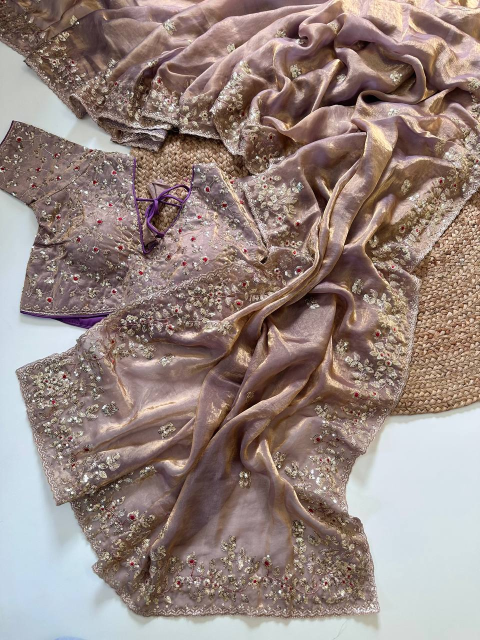 Taupe Mauve Pure Soft Fandy Satin Silk Saree with All-Over Floral Sequence Embroidery & Multi Border Aarco Work