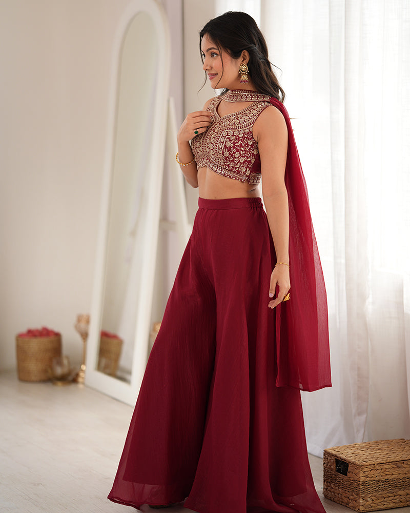 DEEP MAROON COLOR CRUNCHY SILK EMBROIDERED PLAZZO SUIT
