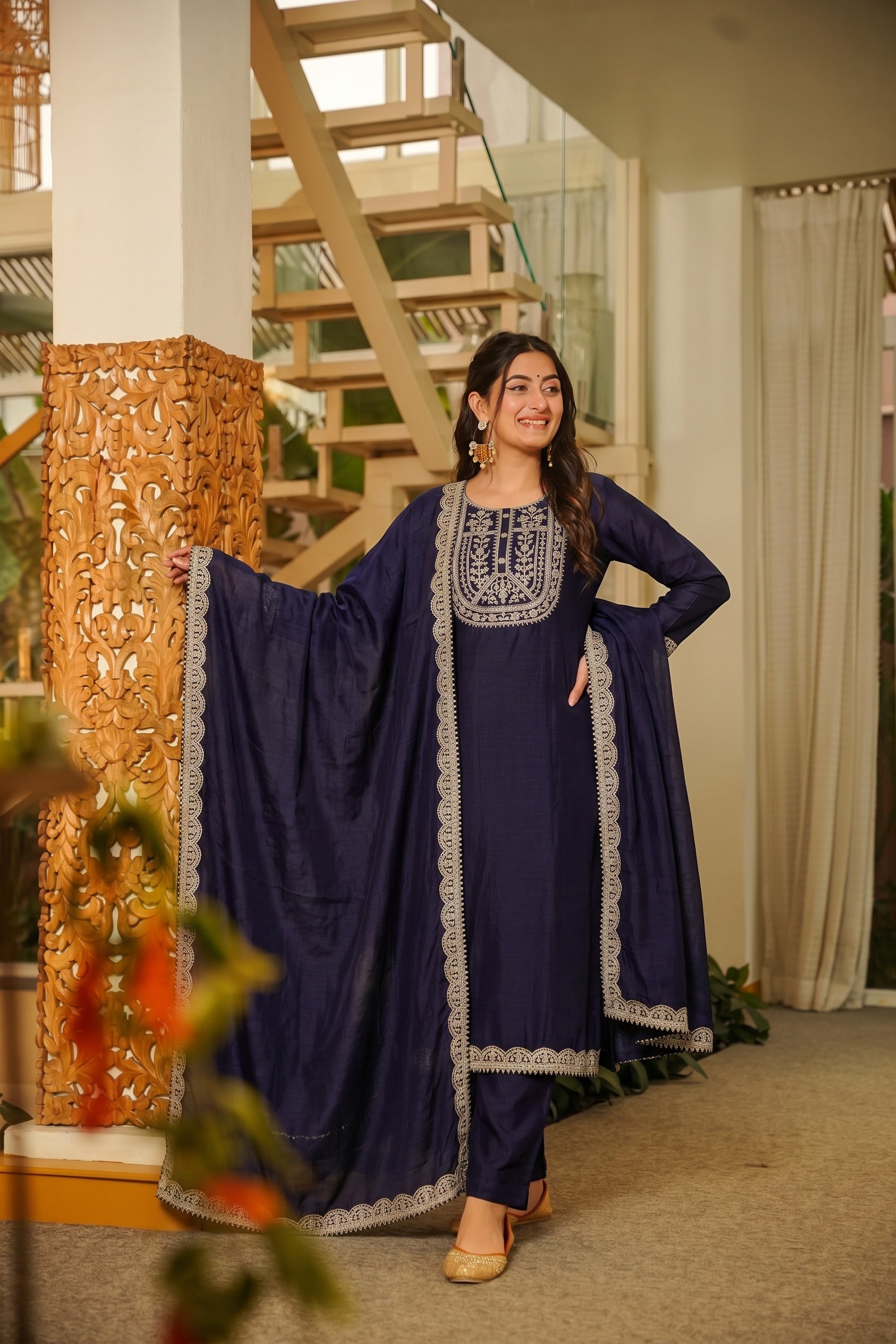 Navy Blue Straight Kurta Pant Set with Dupatta