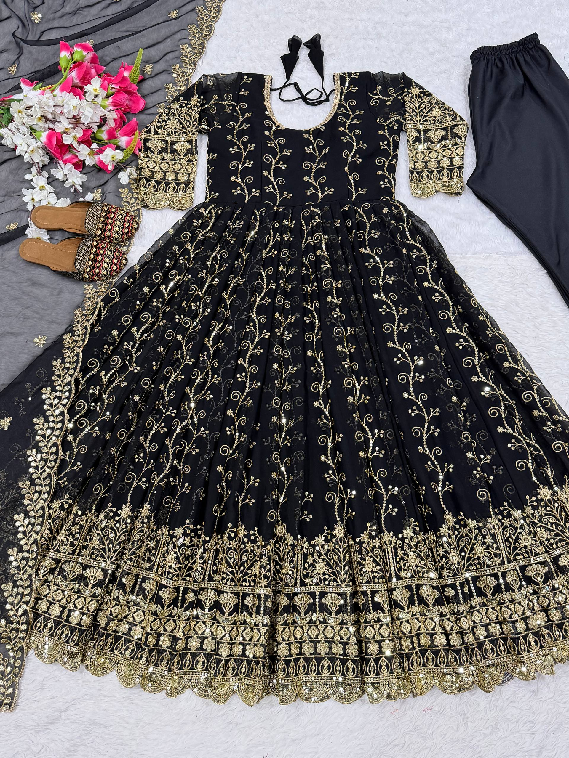 Black Sequin Embroidered Anarkali Suit with Dupatta - Product Photo