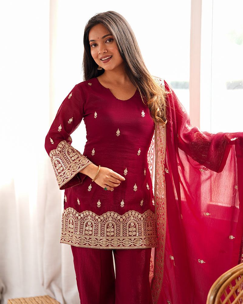 MAROON COLOR CRUNCHY SILK EMBROIDERED PLAZZO SUIT