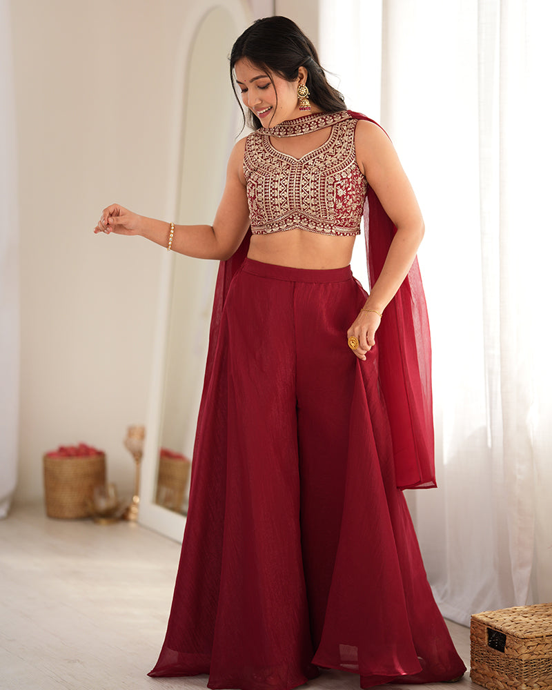 DEEP MAROON COLOR CRUNCHY SILK EMBROIDERED PLAZZO SUIT