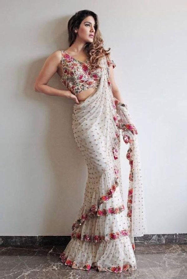 White Color Party Wear Heavy Ruffle Celebrity Saree